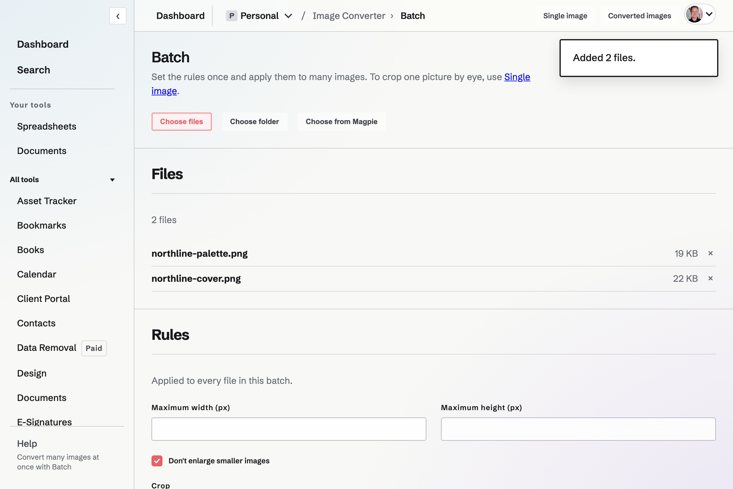The Image Converter Batch page with two Northline image files and shared resize, crop, format and metadata rules.