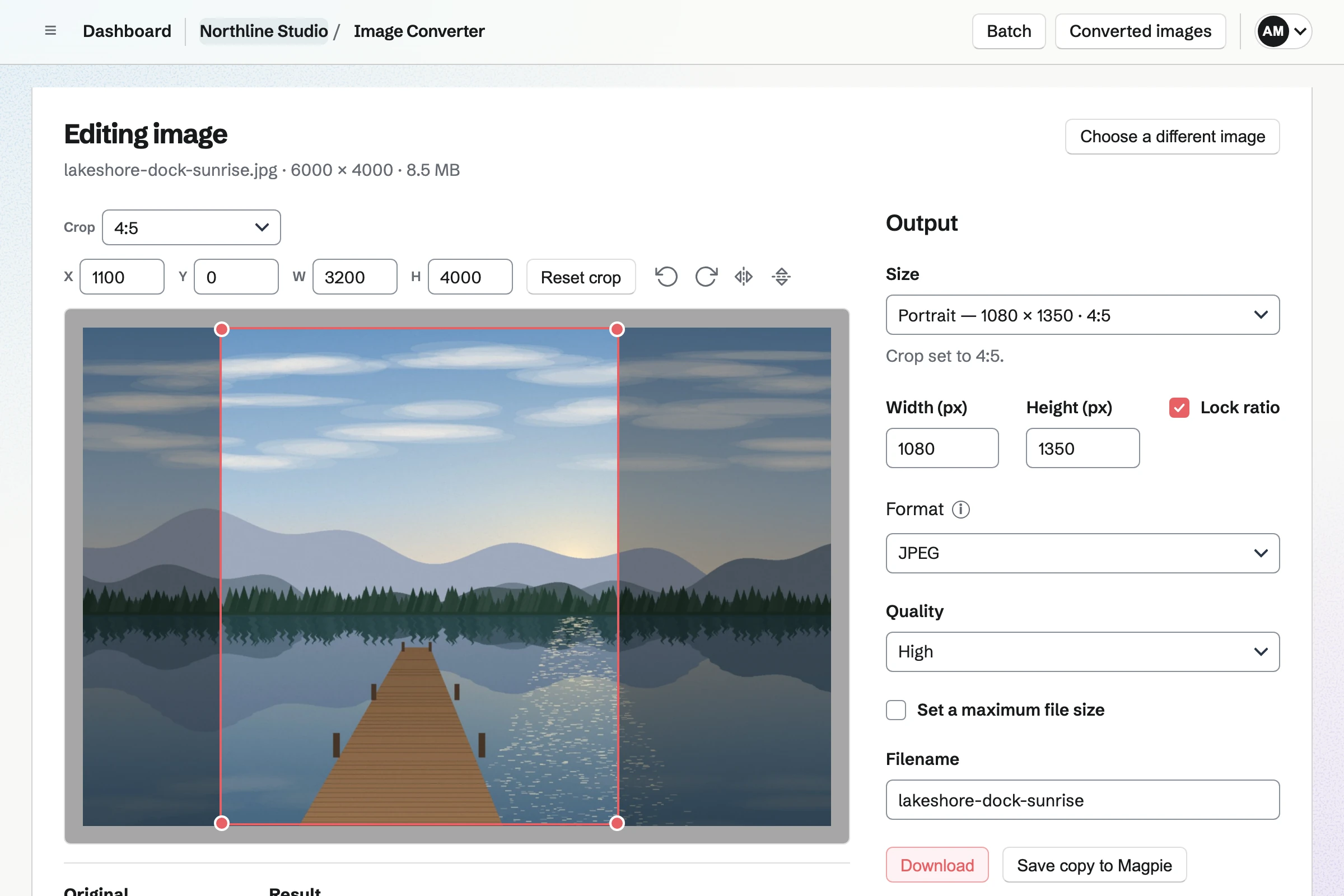 Northline Studio’s photo of a lake and dock at sunrise in Image Converter, cropped to Portrait 1080 × 1350 around the dock, with format, quality and filename beside it.