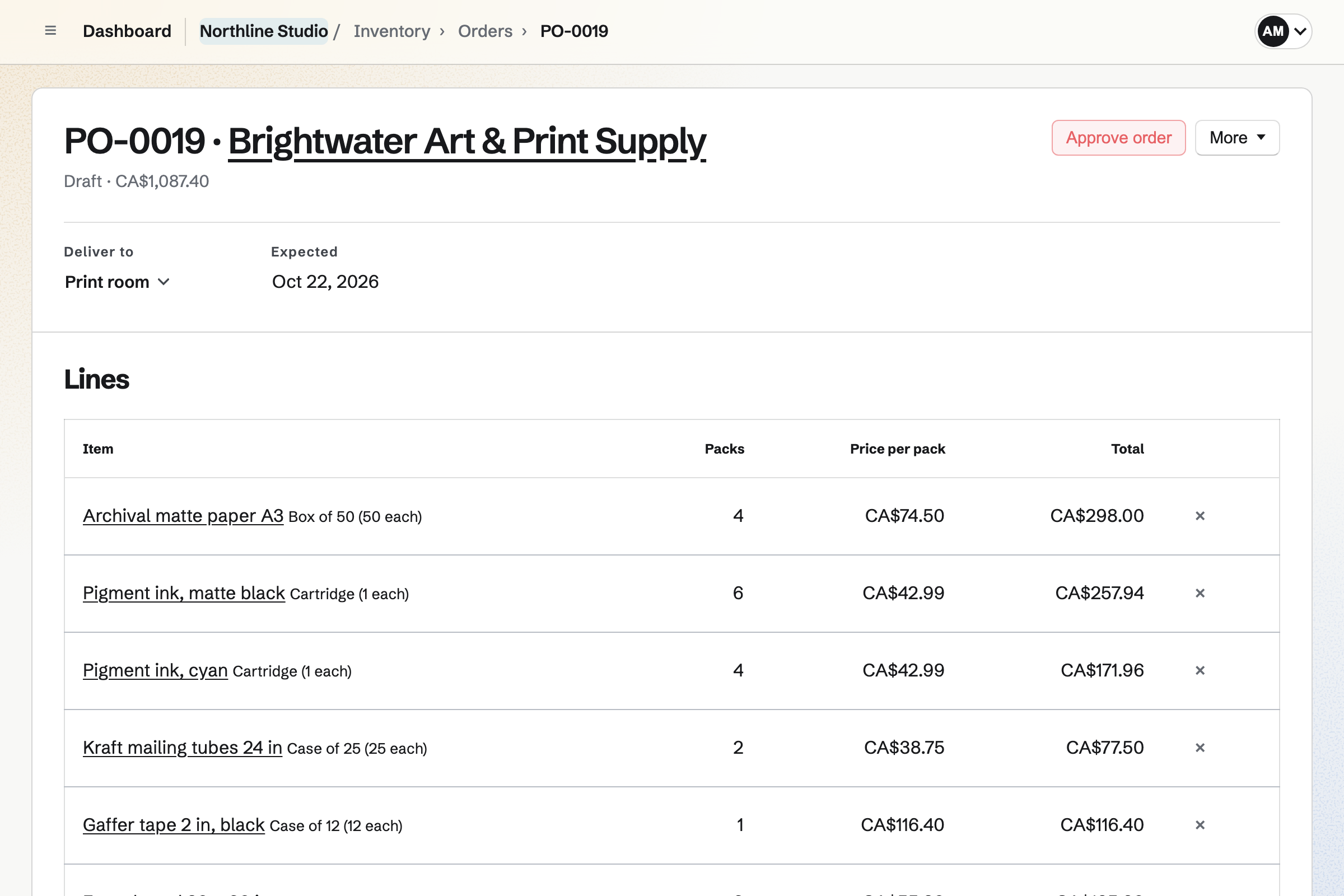 Northline Studio’s draft purchase order PO-0019 to Brightwater Art & Print Supply: six lines of paper, ink and packing supplies with packs, prices and totals, ready to approve.