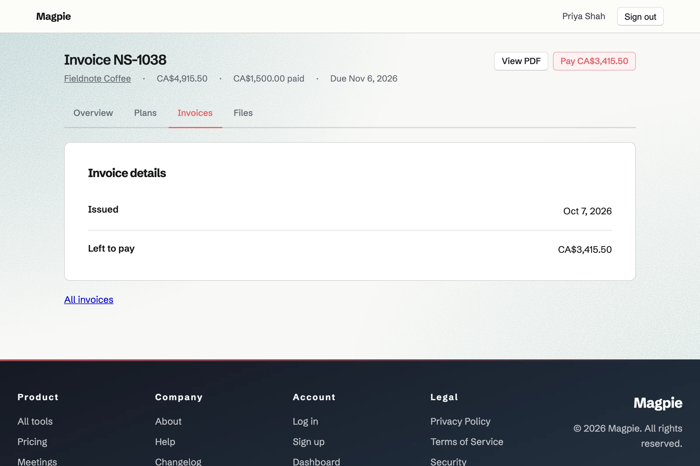 Northline Studio’s invoice NS-1038 as its client Fieldnote Coffee sees it: the total, the deposit already paid, what is left, and a Pay button to pay the balance by card.