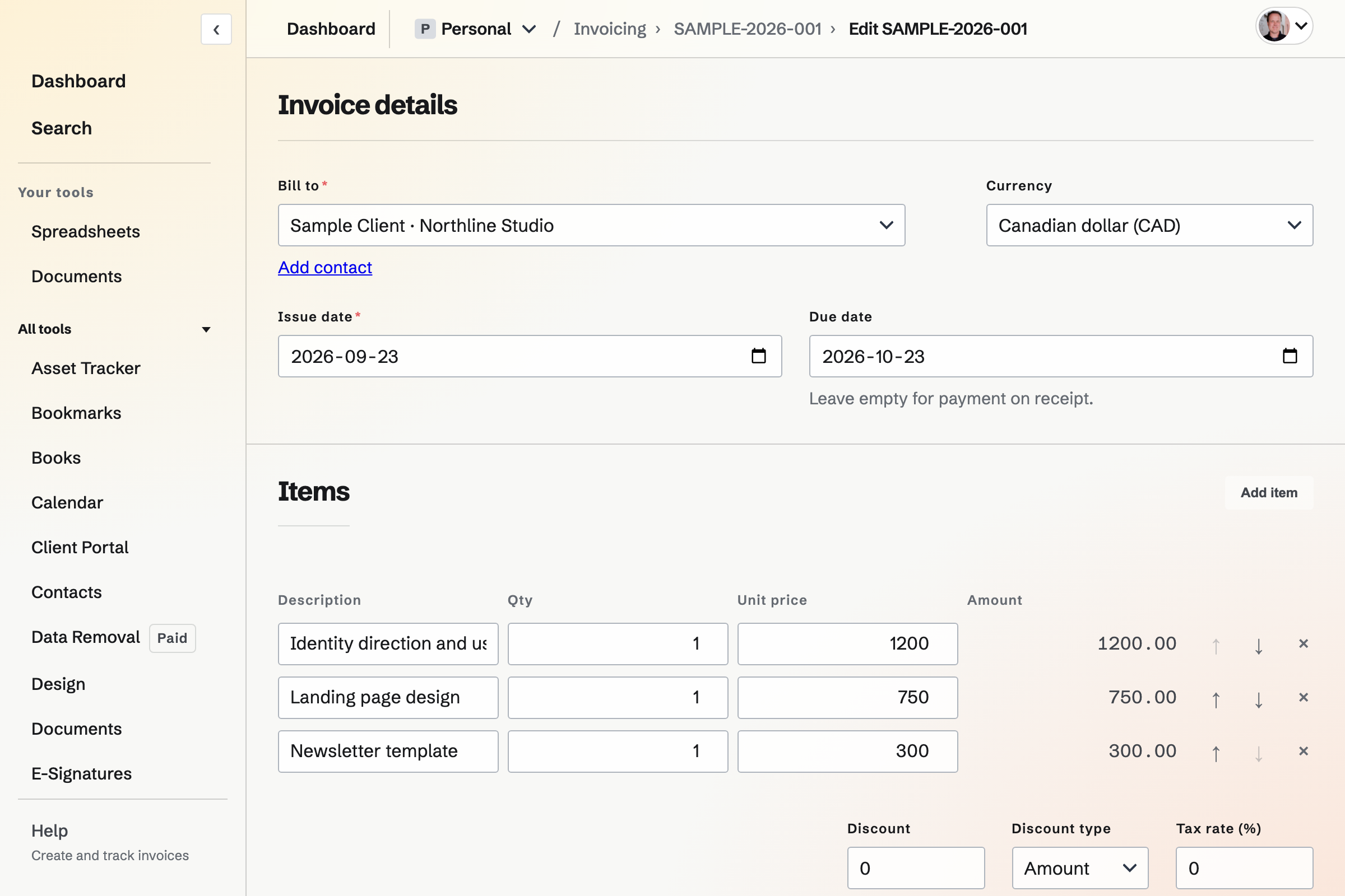 Draft invoice line items with editable descriptions and quantities.