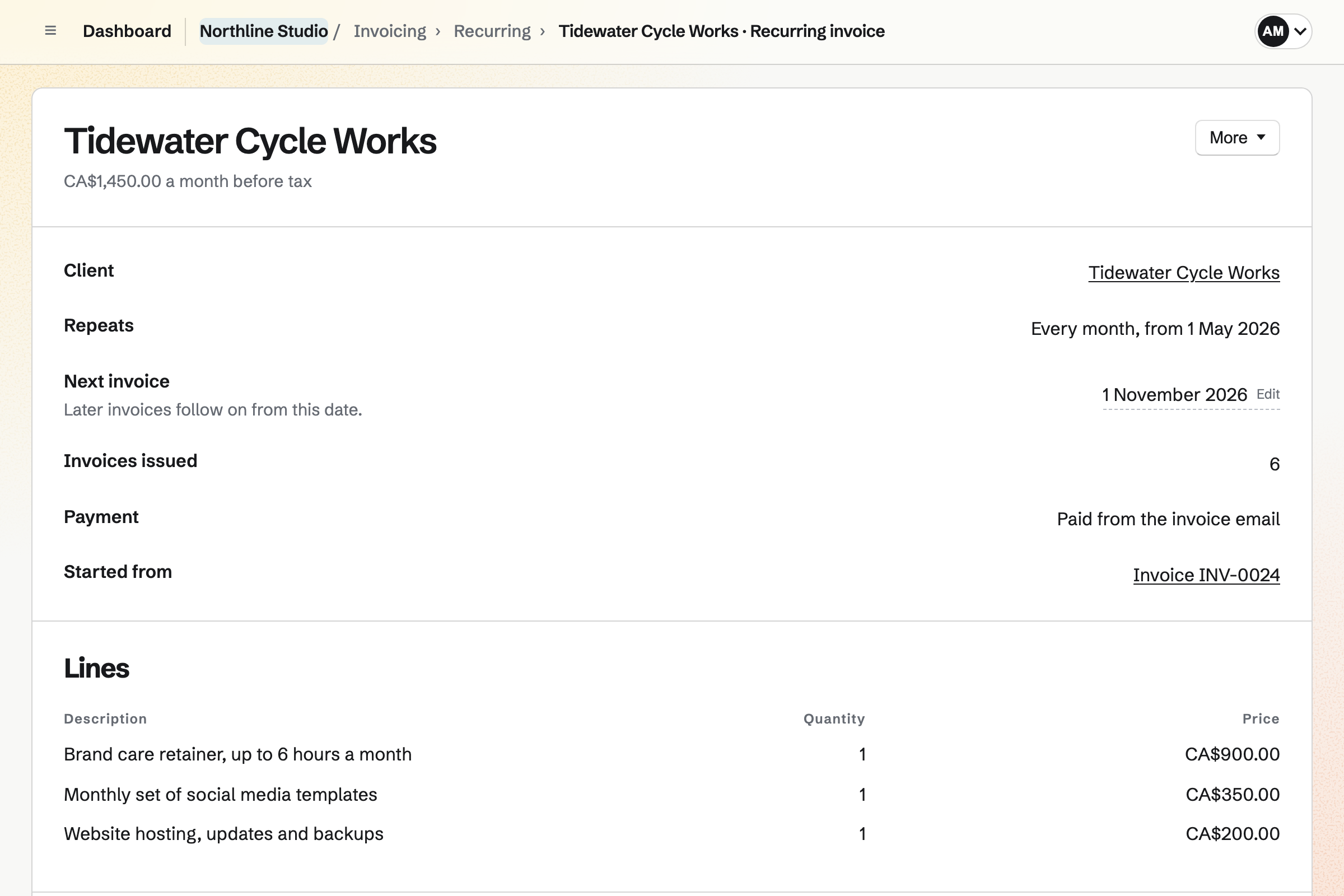 Northline Studio’s recurring invoice for Tidewater Cycle Works: $1,450 a month before tax, paid from each invoice’s email, with its next date, six invoices issued and its three lines.