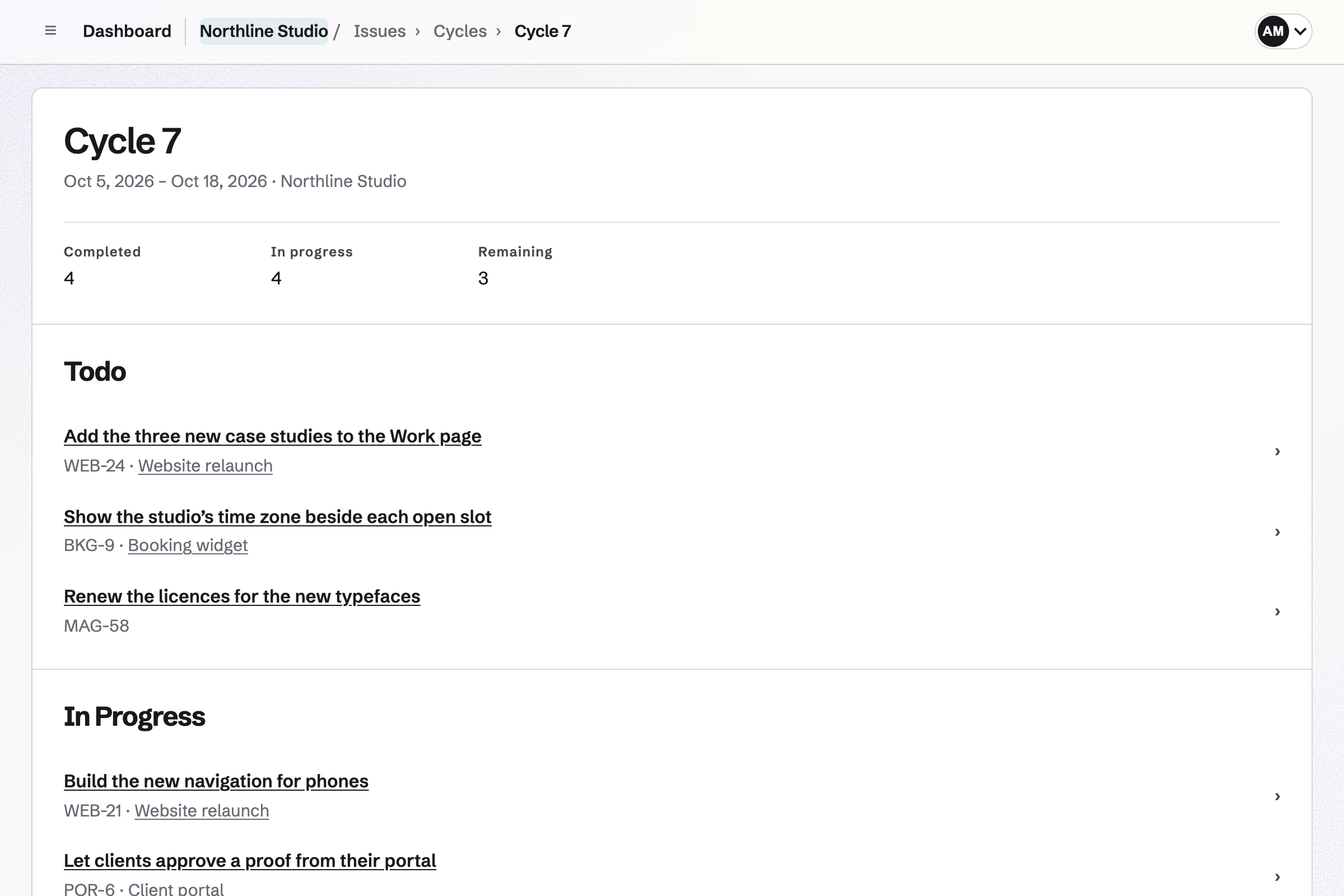 Northline Studio’s Cycle 7, a two-week cycle with 4 issues completed, 4 in progress and 3 remaining, then its issues grouped by status with their projects.