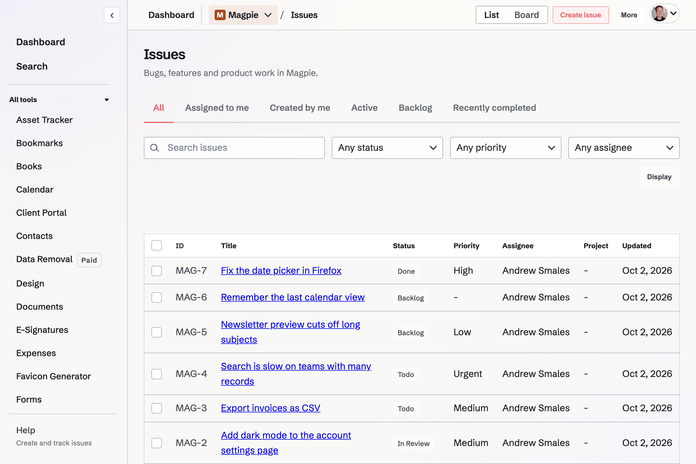 The Issues list with identifiers, statuses, priorities and assignees.
