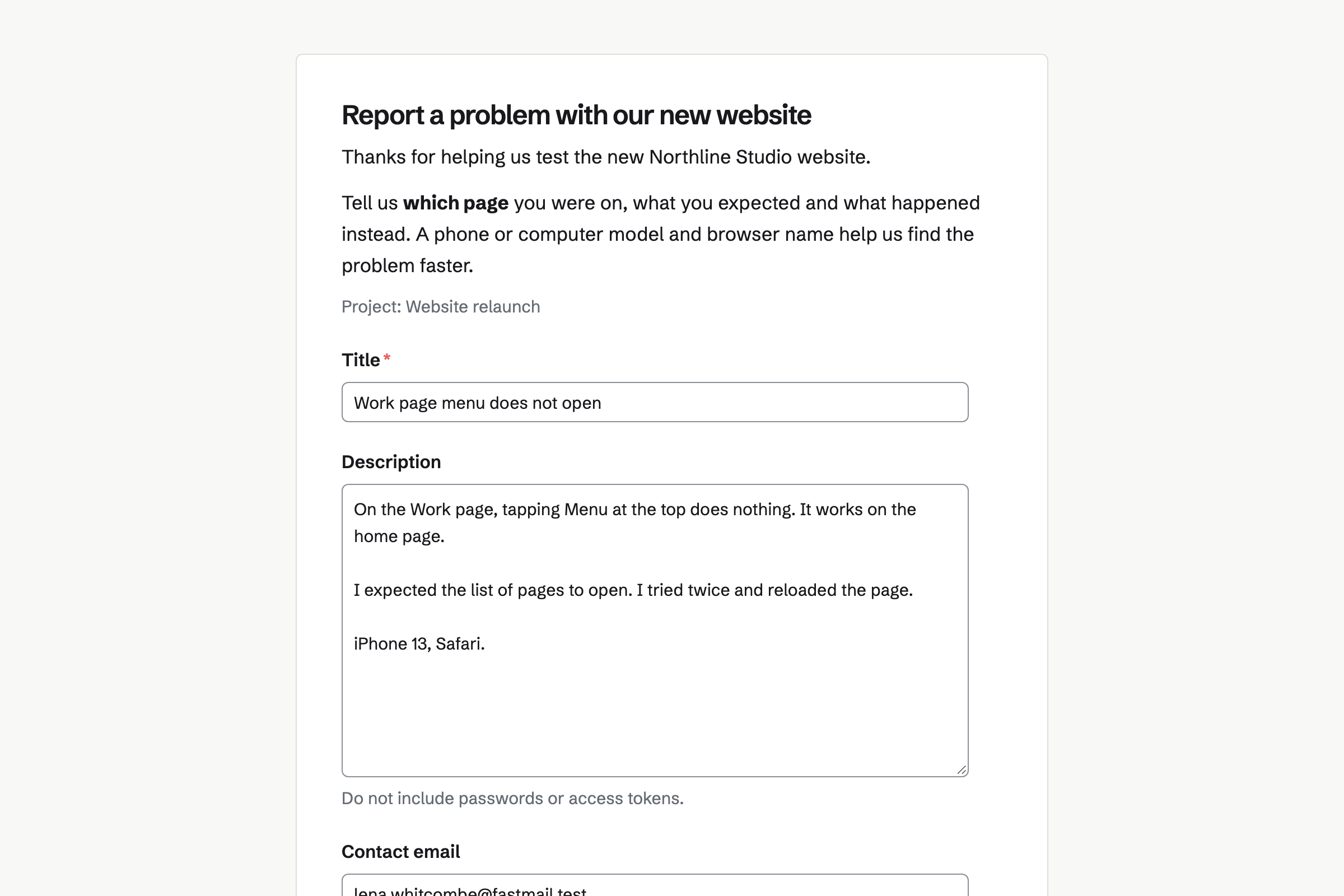 Northline Studio’s public form for reporting a problem with its new website, with a visitor’s report typed in: a title, what happened and an optional contact email.