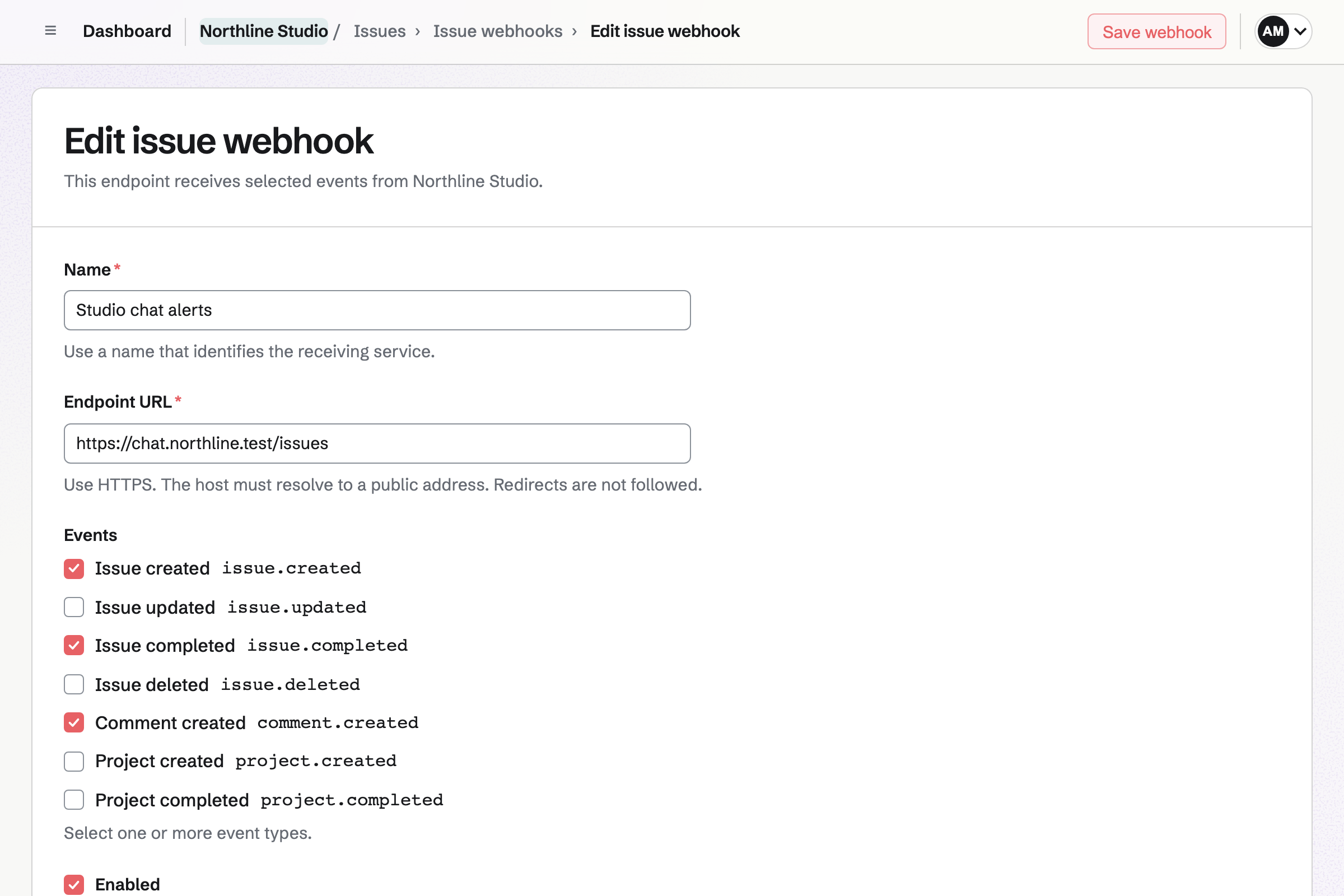 Northline Studio’s Studio chat alerts webhook: an HTTPS endpoint receiving signed Issue created, Issue completed and Comment created events, enabled, with its signing secret kept hidden.