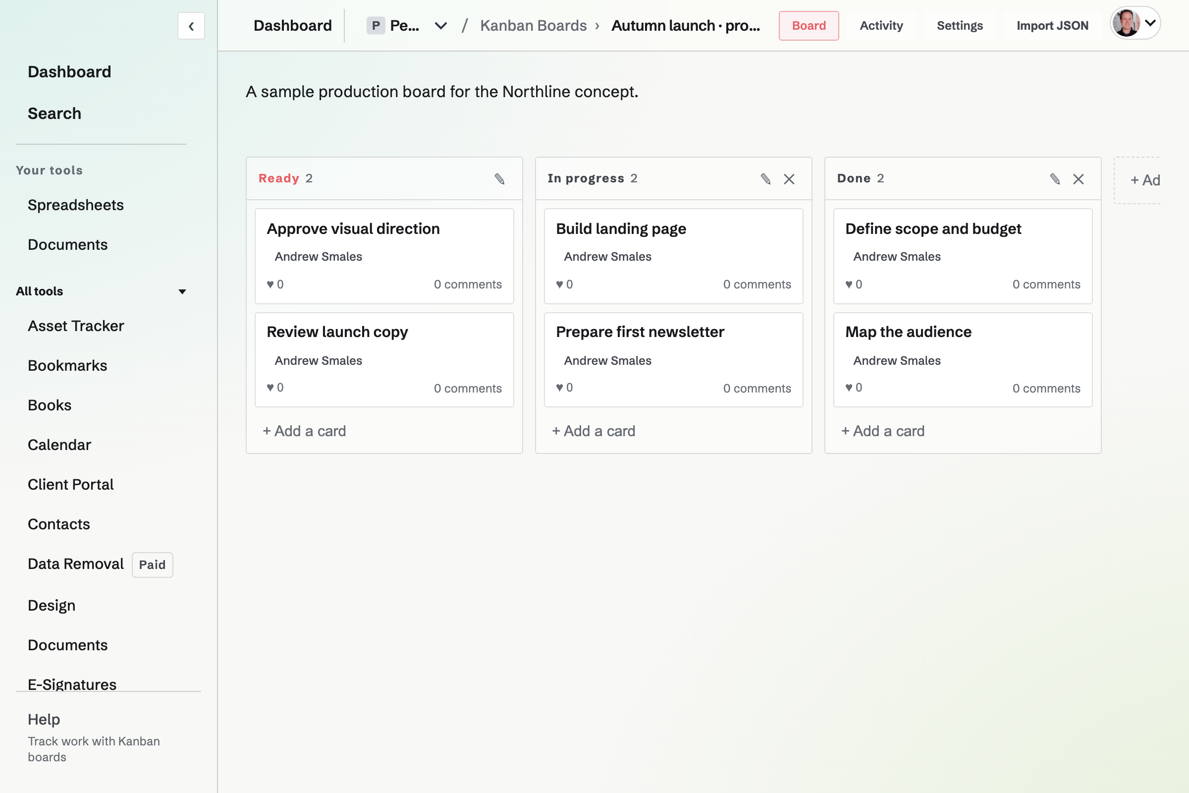 A Kanban board with production tasks arranged by their progress.