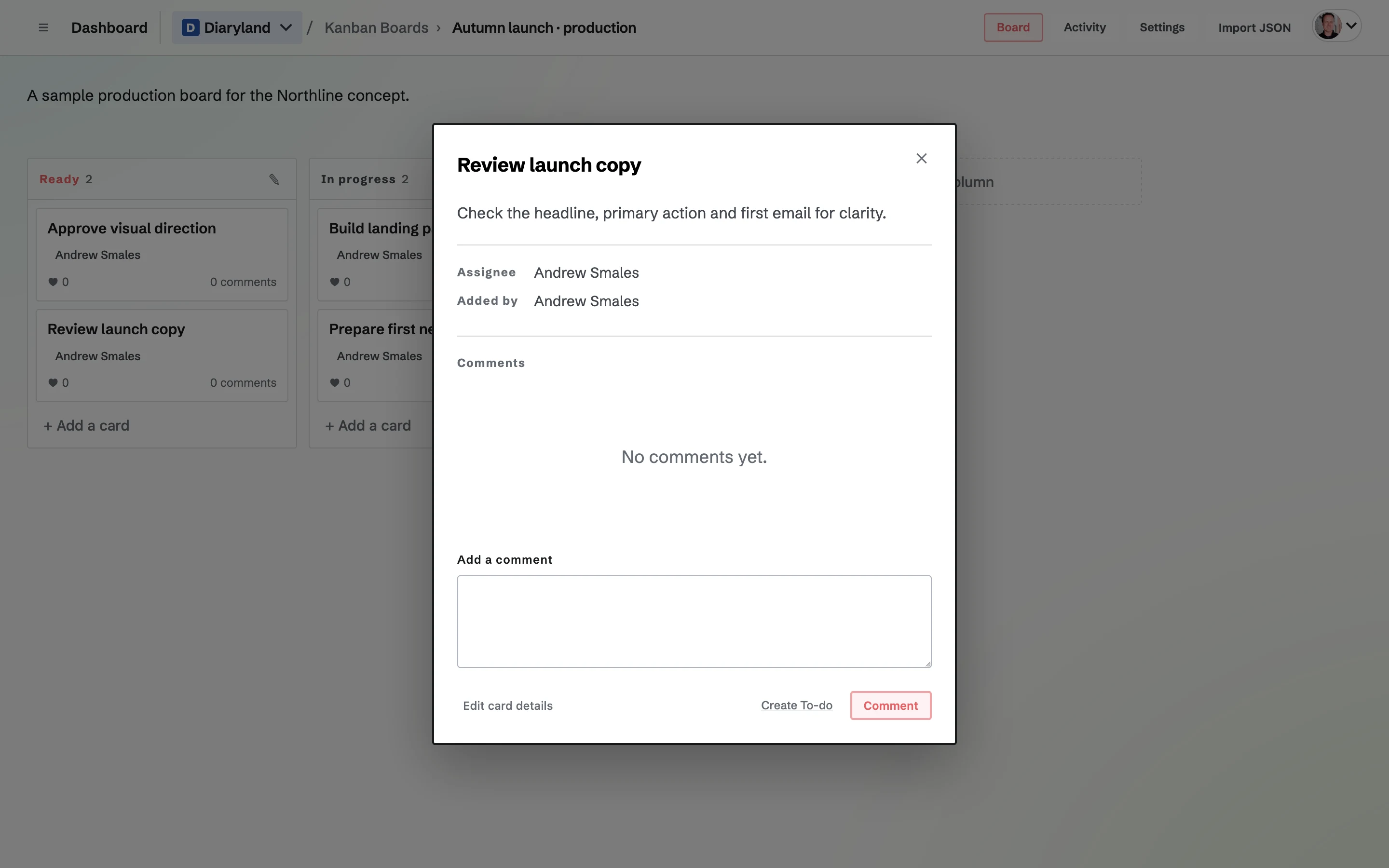 A Kanban card with a launch-copy task description and its assignee.