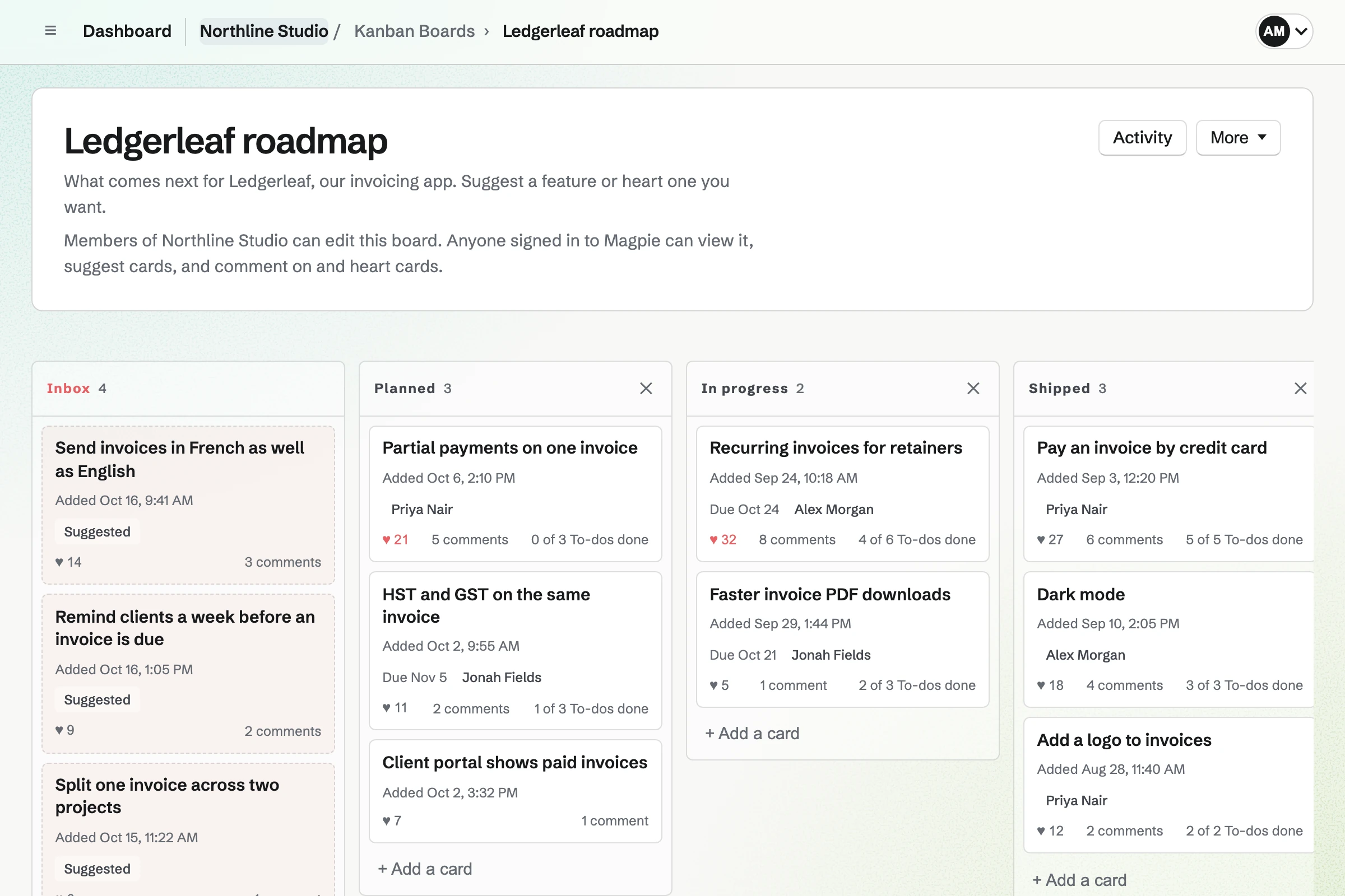 Northline Studio’s Ledgerleaf roadmap board, open to suggestions from anyone signed in, with four suggested cards waiting in Inbox beside Planned, In progress and Shipped, each with hearts and comments.