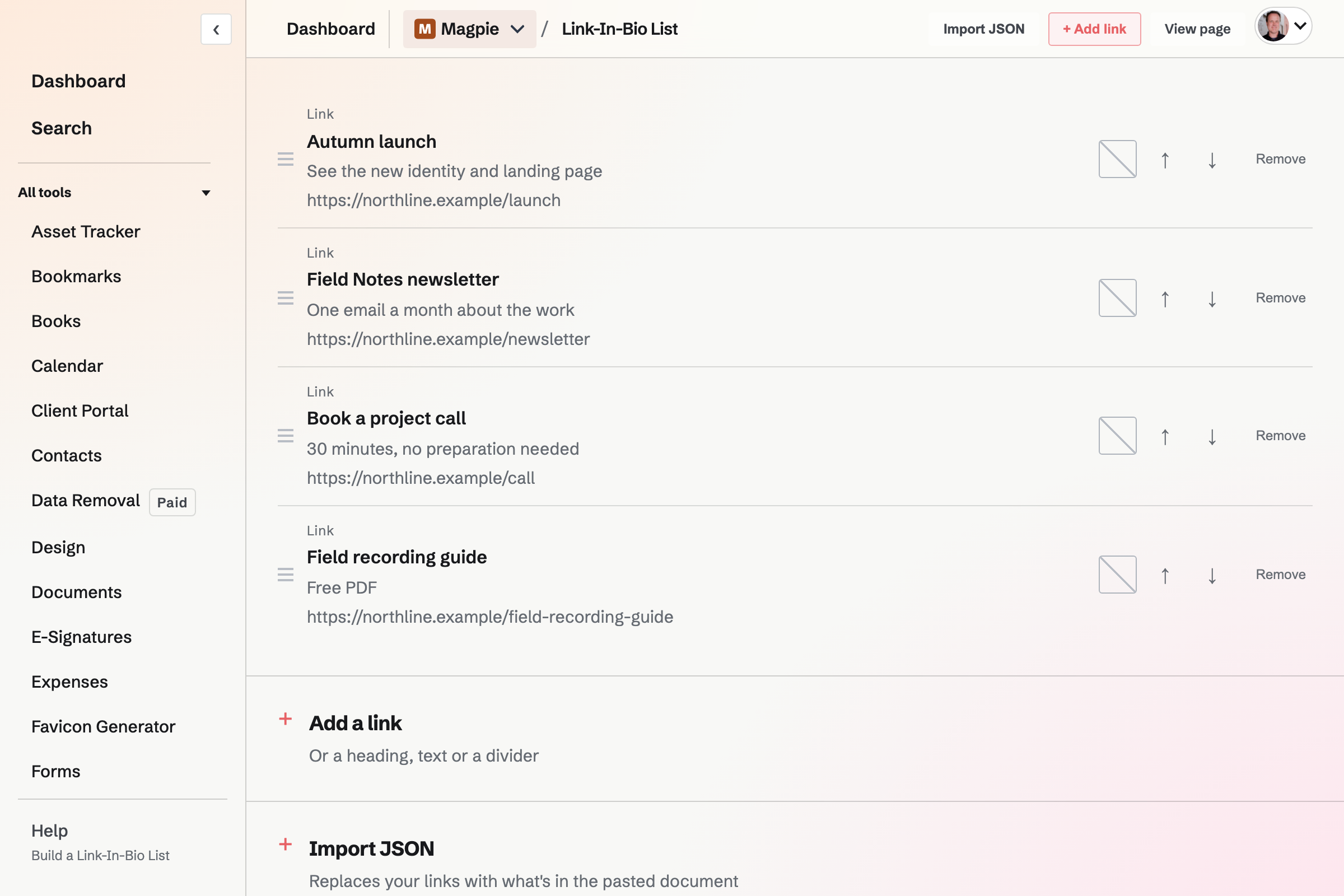 The Link-in-Bio editor with the list of links and their controls.