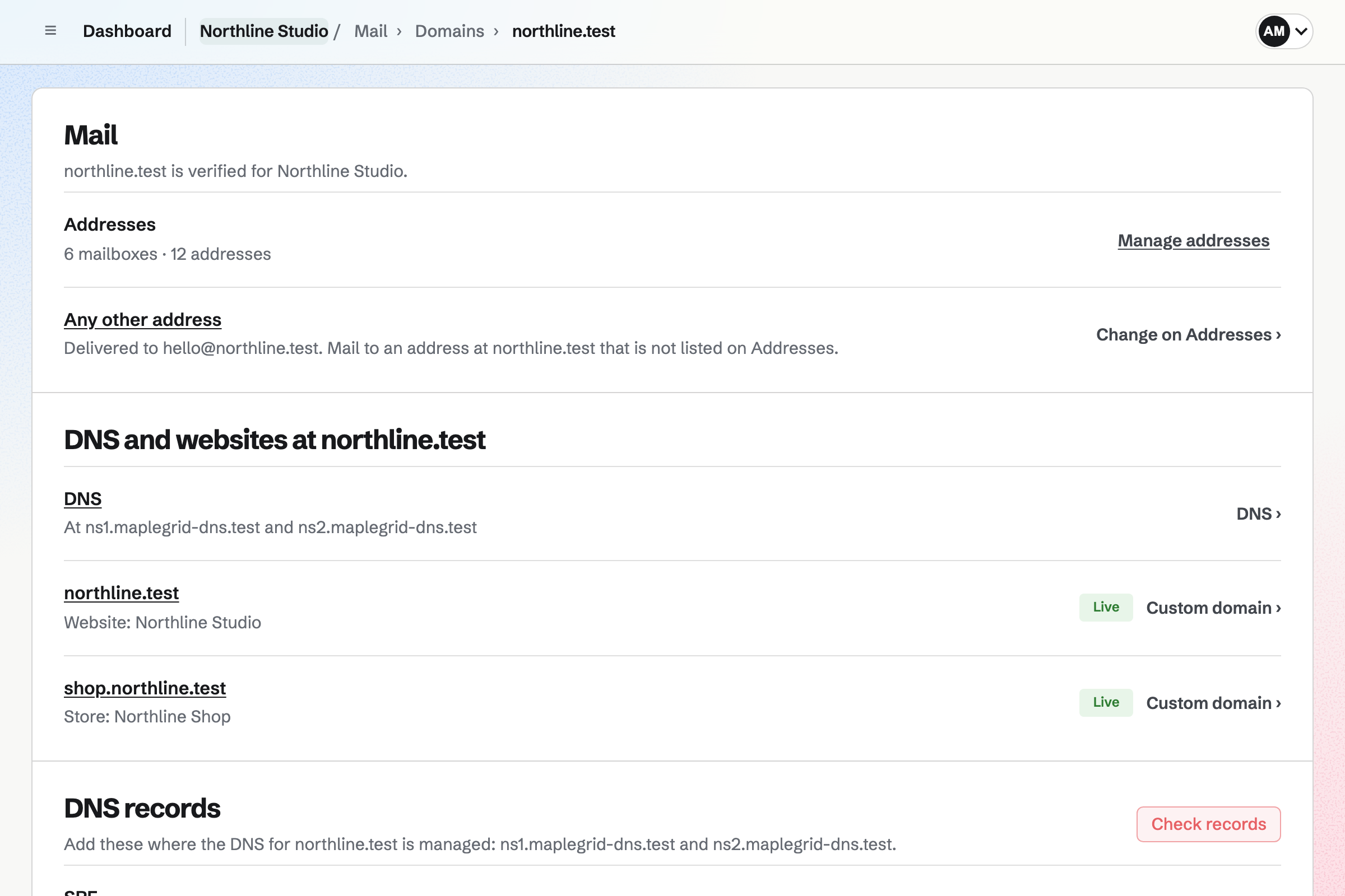 Northline Studio’s domain northline.test in Mail: verified, with 6 mailboxes and 12 addresses, a catch-all delivering to hello@, its DNS provider, and its website and Store live.