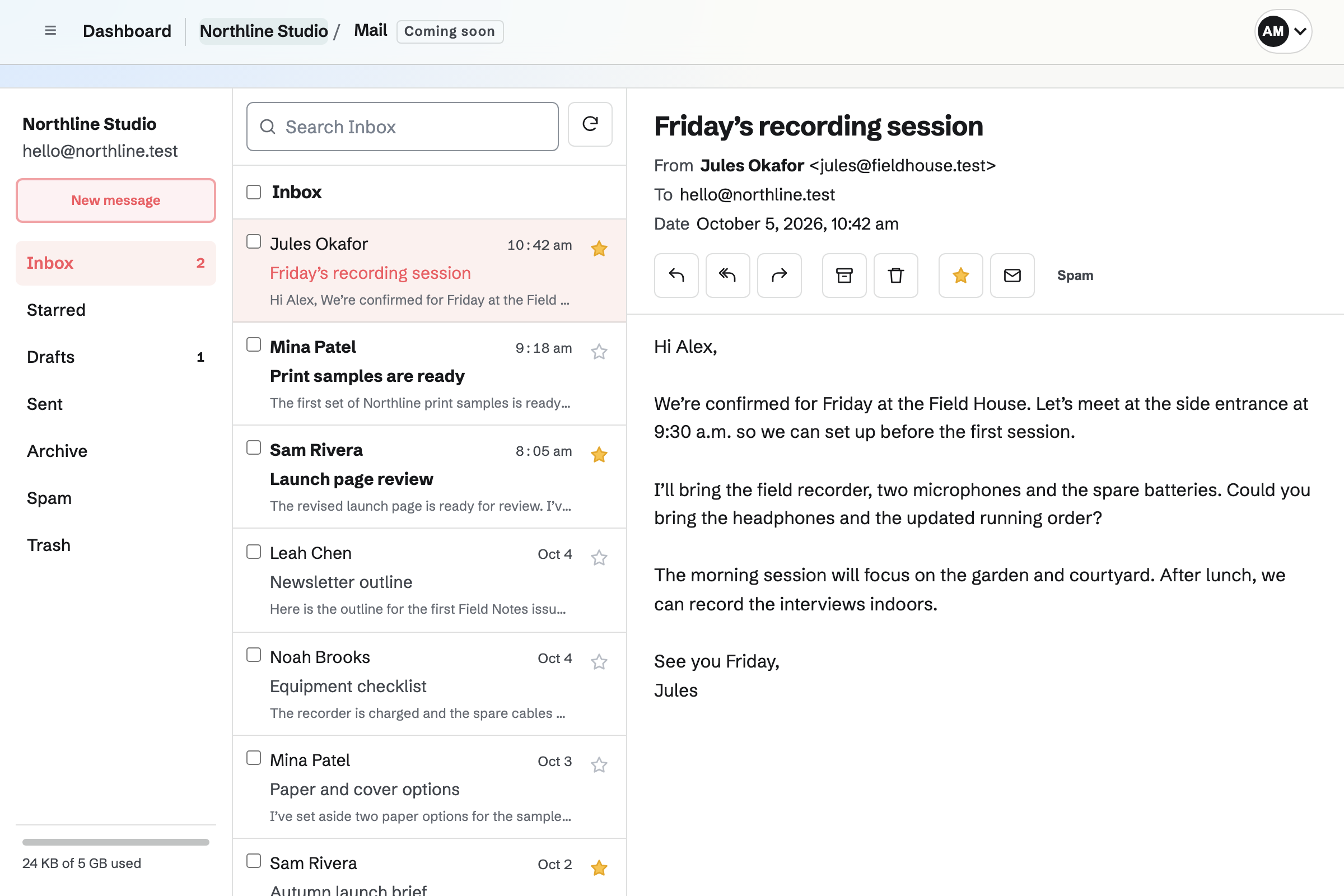 Mail Inbox with fictional Northline Studio messages and an open recording-session email.