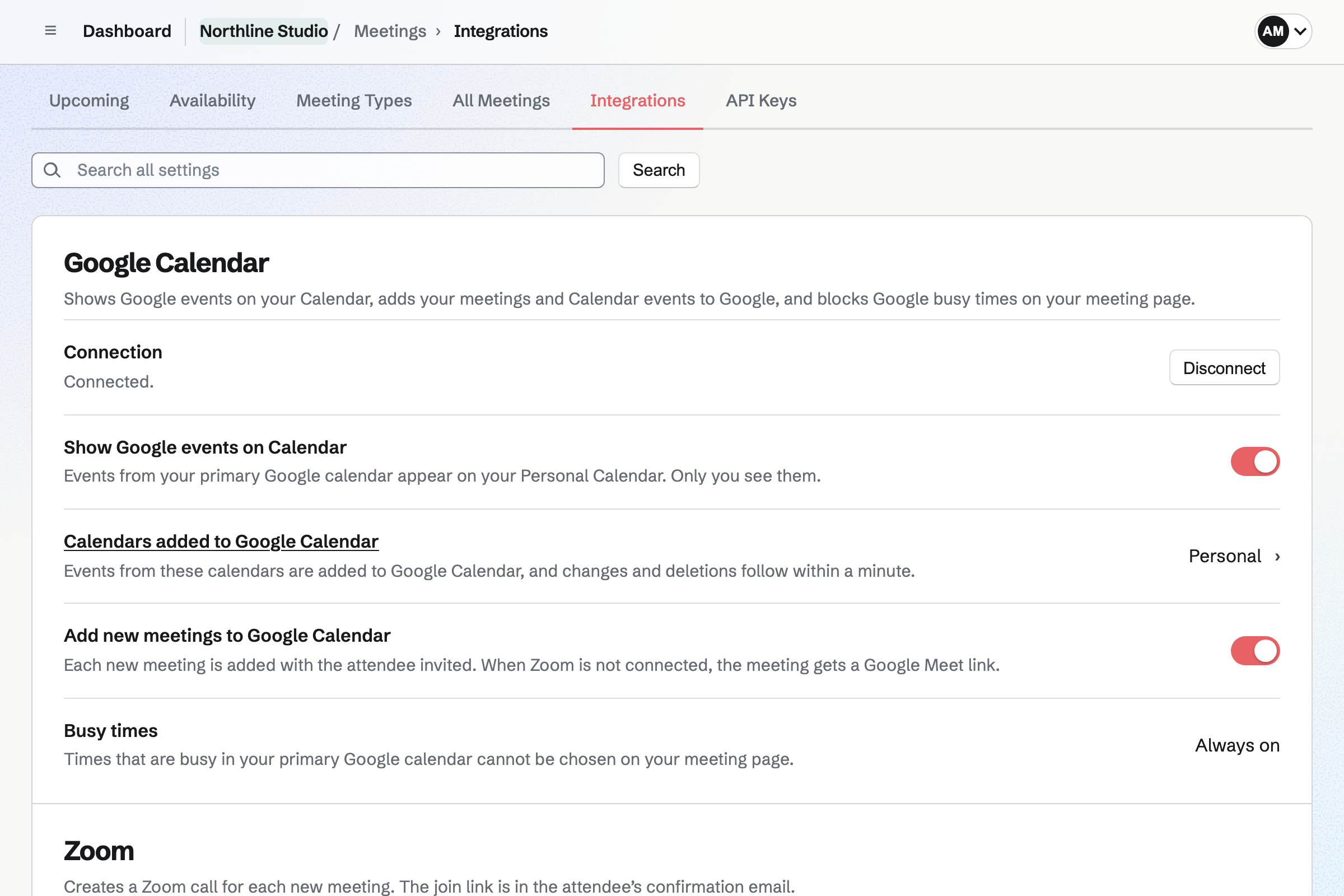 Alex Morgan’s Meetings integrations with Google Calendar connected: Google events shown on Calendar, Personal events and new meetings added to Google, and Google busy times blocking the meeting page.