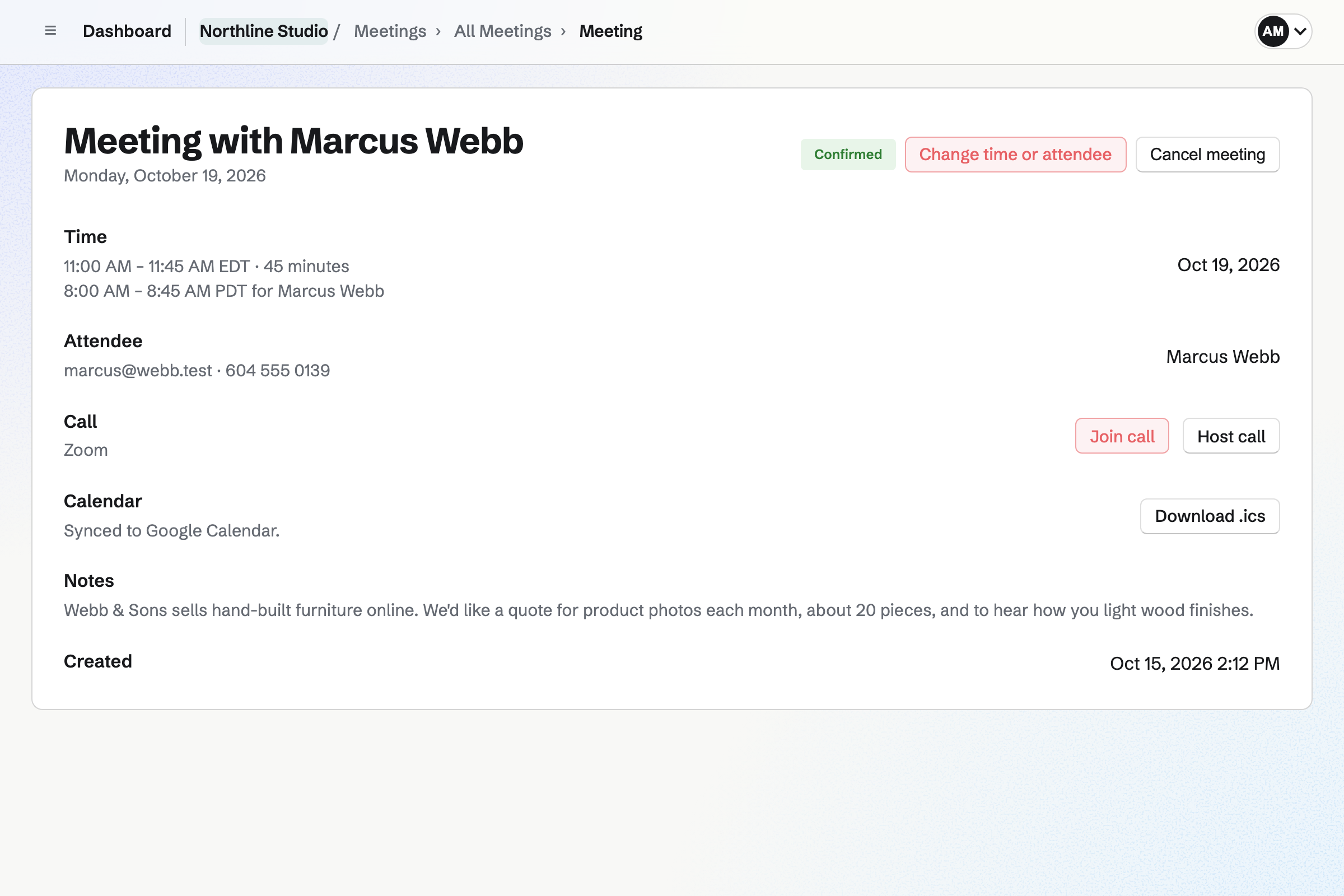A confirmed 45-minute meeting with Marcus Webb, shown in Toronto and Vancouver time, with his details, the Zoom call, his note, and Change time or attendee and Cancel meeting.