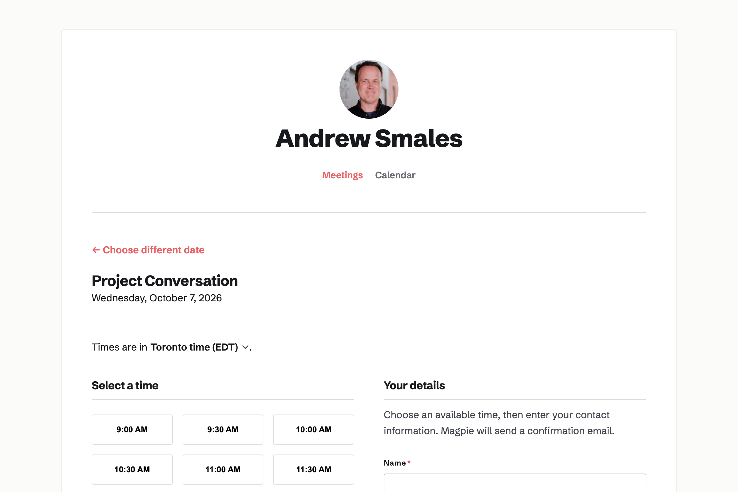 Available meeting times for a chosen day on the booking page.