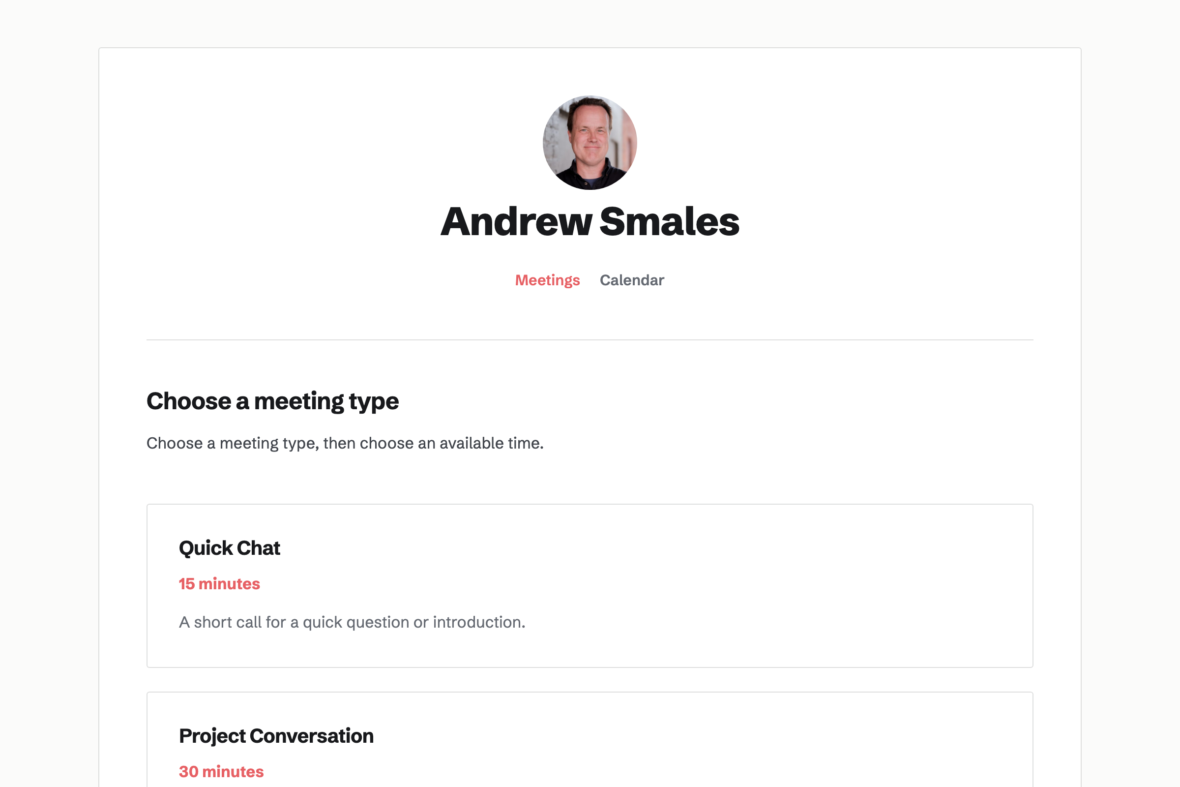 A meeting page listing Meeting Types with their names, lengths and descriptions.