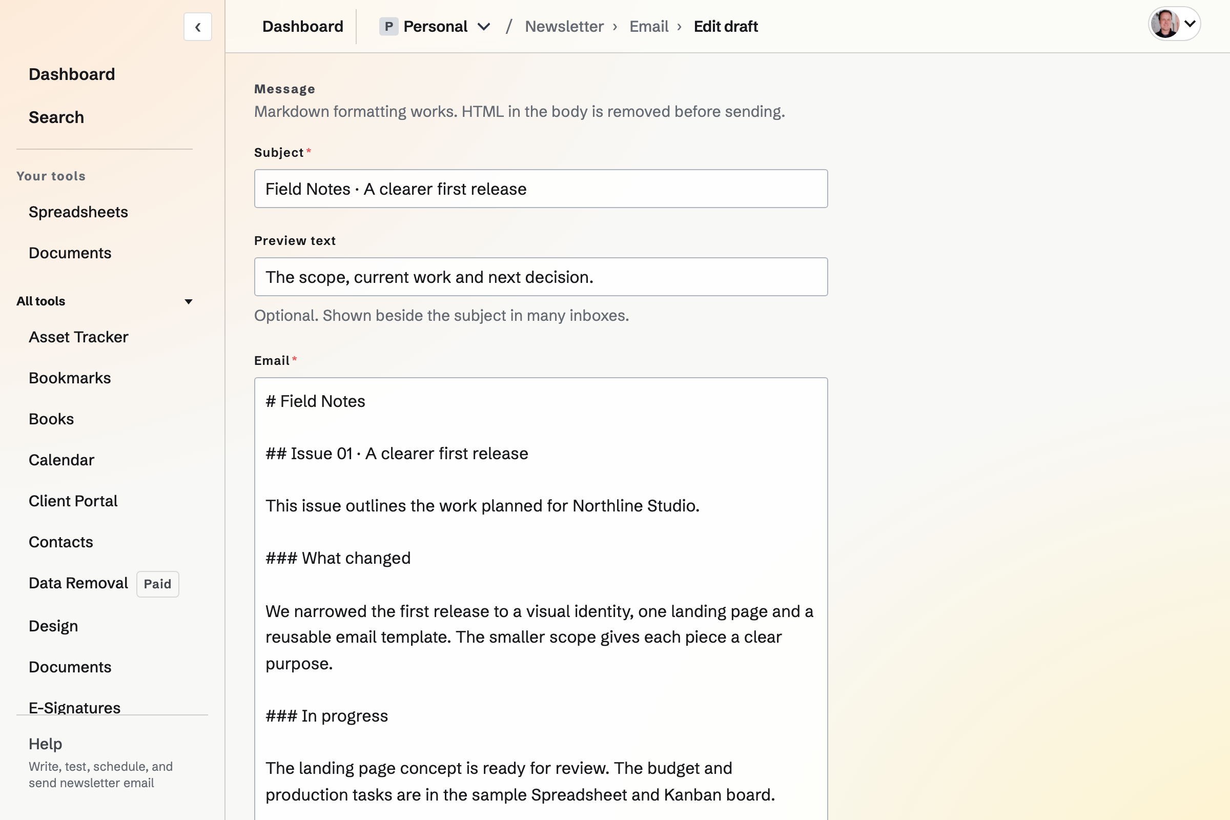 The Magpie newsletter editor with subject, preview text and Markdown email fields.