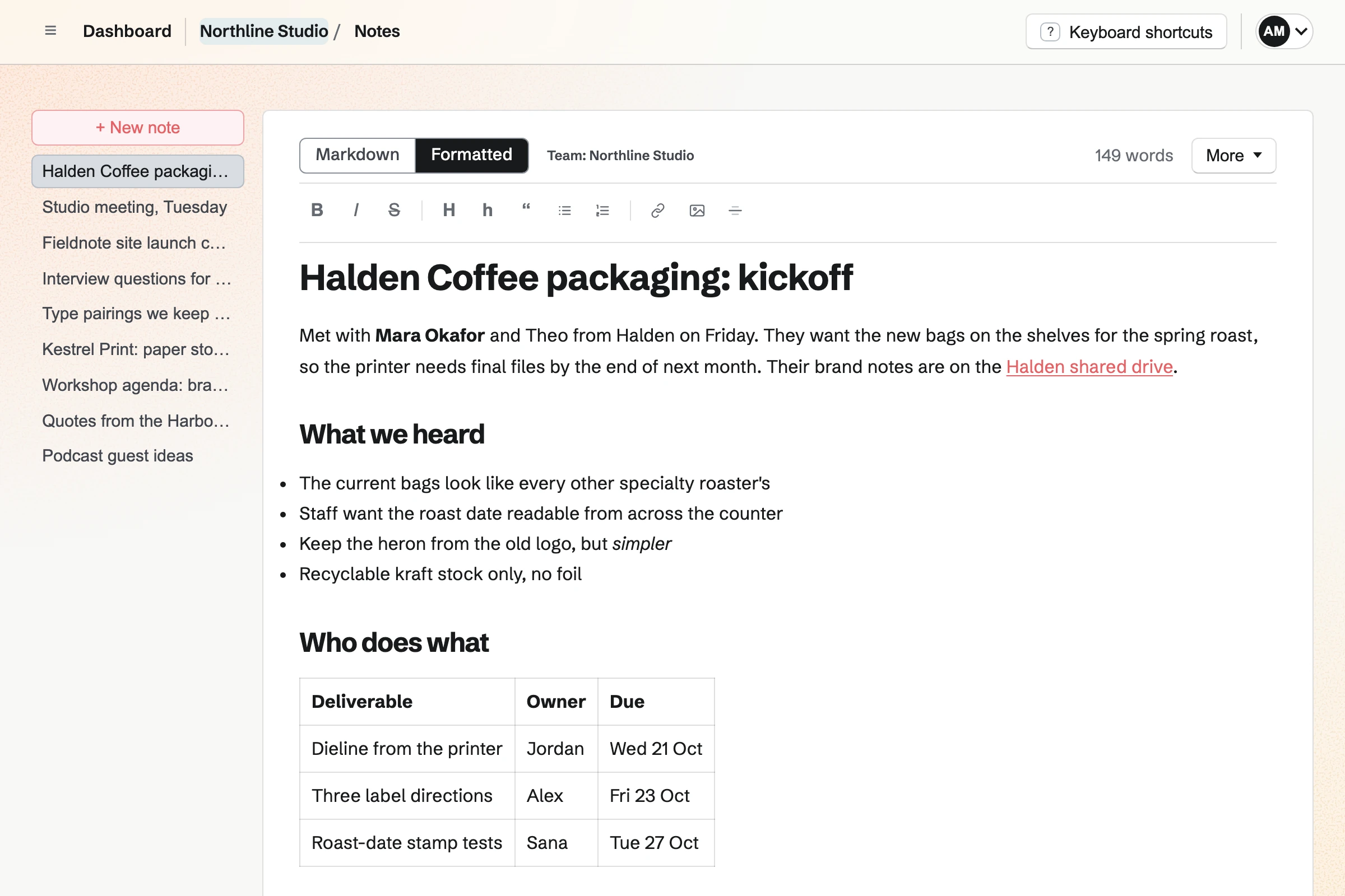 Northline Studio’s Halden Coffee kickoff note in the Formatted view of Notes, with headings, a link, a bullet list and a table of owners and due dates.
