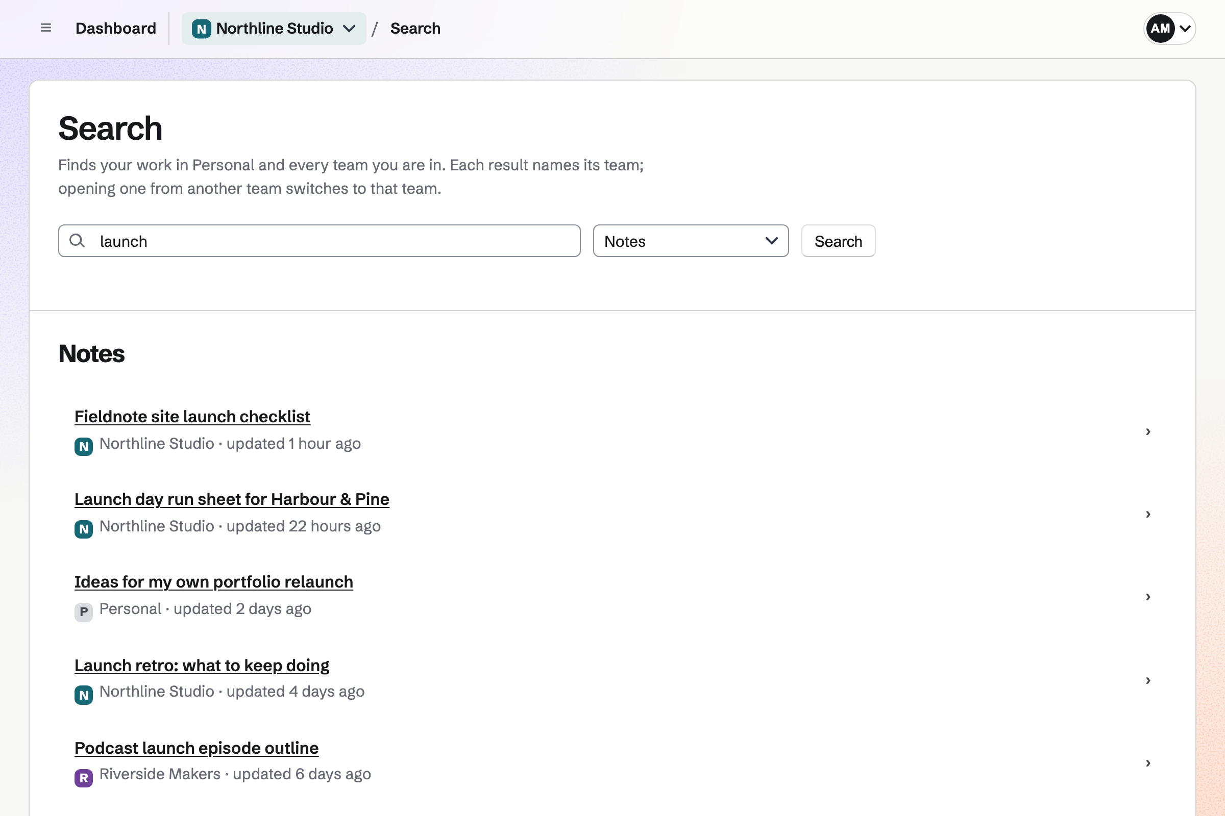 Search results for “launch” in Notes, listing Northline Studio’s notes alongside Alex’s Personal notes and a Riverside Makers note, each named with its team.