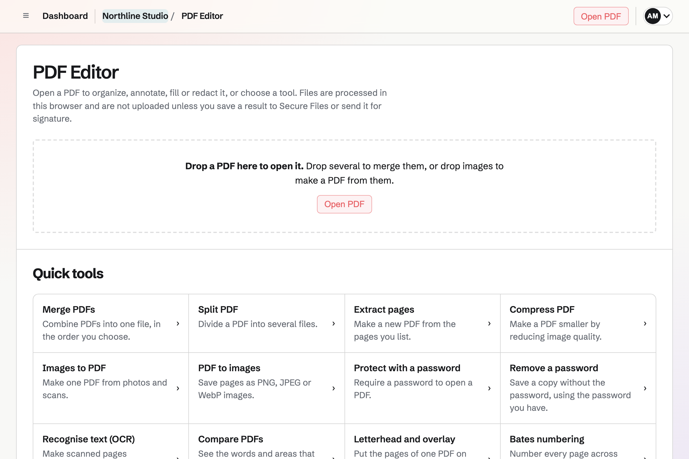 PDF Editor home page with Open PDF, a drop area for files and the list of quick tools such as Merge PDFs, Split PDF and Compress PDF.