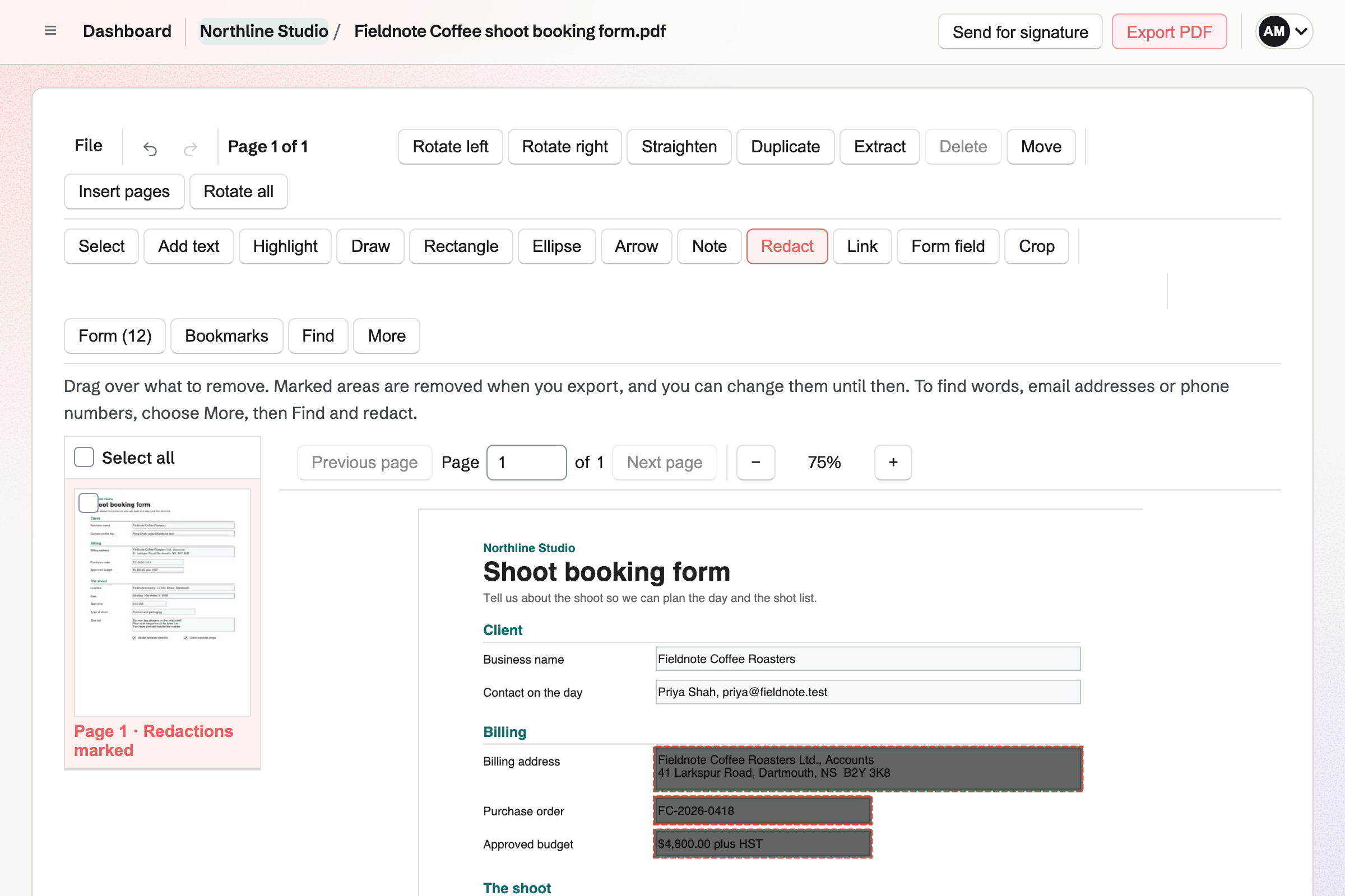 PDF Editor with Fieldnote Coffee’s filled-in shoot booking form open, the Redact tool chosen and the billing address, PO number and budget marked for redaction.