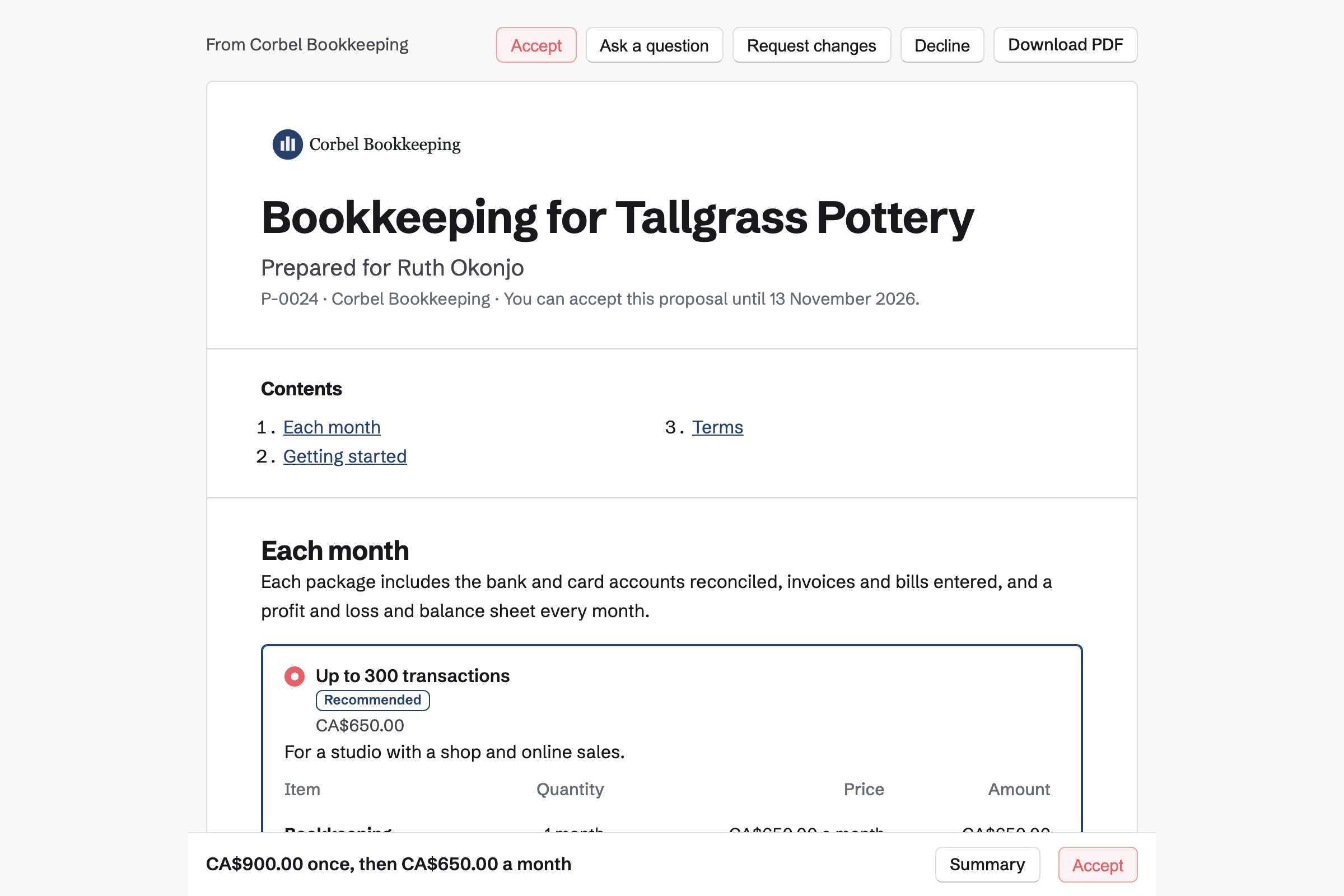 A monthly bookkeeping proposal from Corbel Bookkeeping for Tallgrass Pottery, with the cover, the list of contents, the recommended package chosen and the monthly total in a bar at the foot of the screen.
