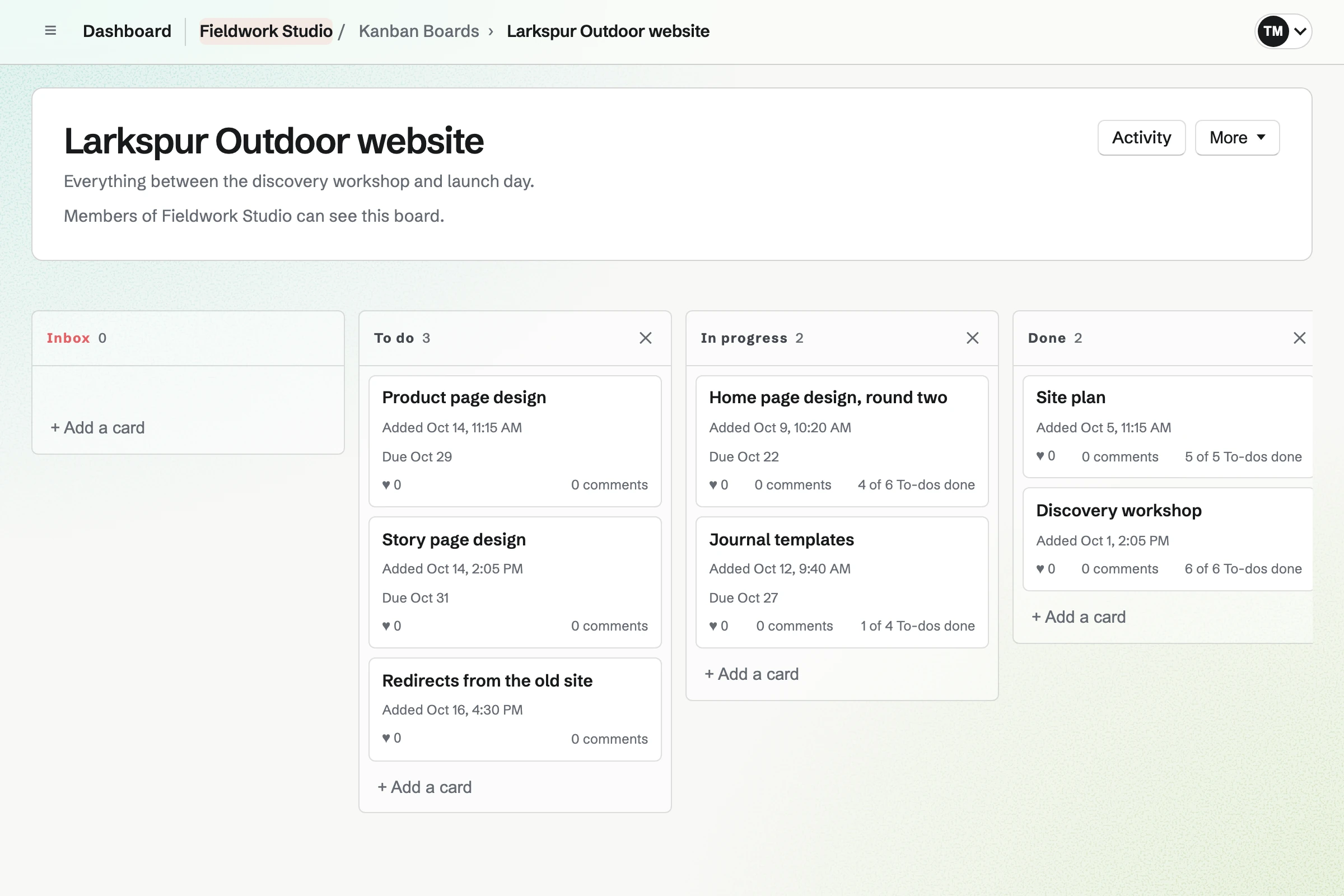 Fieldwork Studio’s board for the Larkspur Outdoor website: the next tasks to do, work in progress with due dates and To-dos, and what is done.