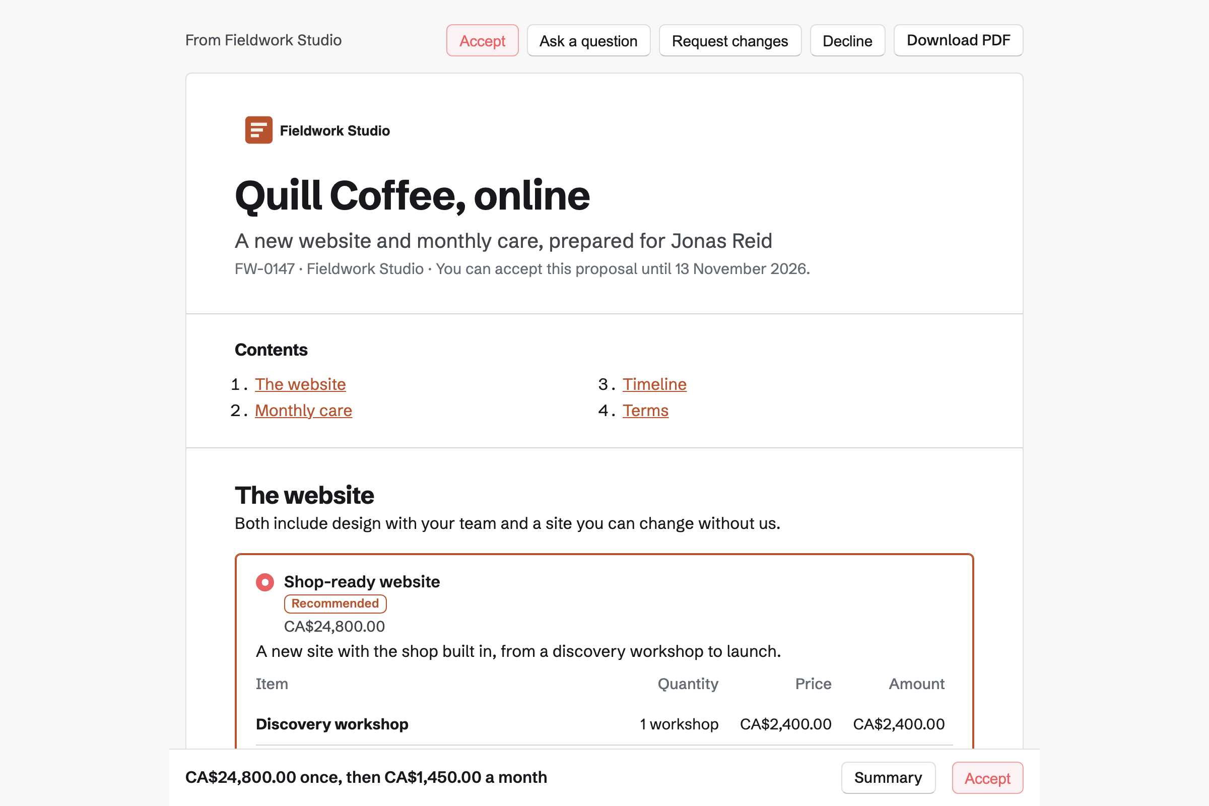 Fieldwork Studio’s proposal for a new Quill Coffee website and monthly care, as the client sees it, with the cover, the list of contents, the recommended Shop-ready website package chosen and the total in a bar at the foot of the screen.