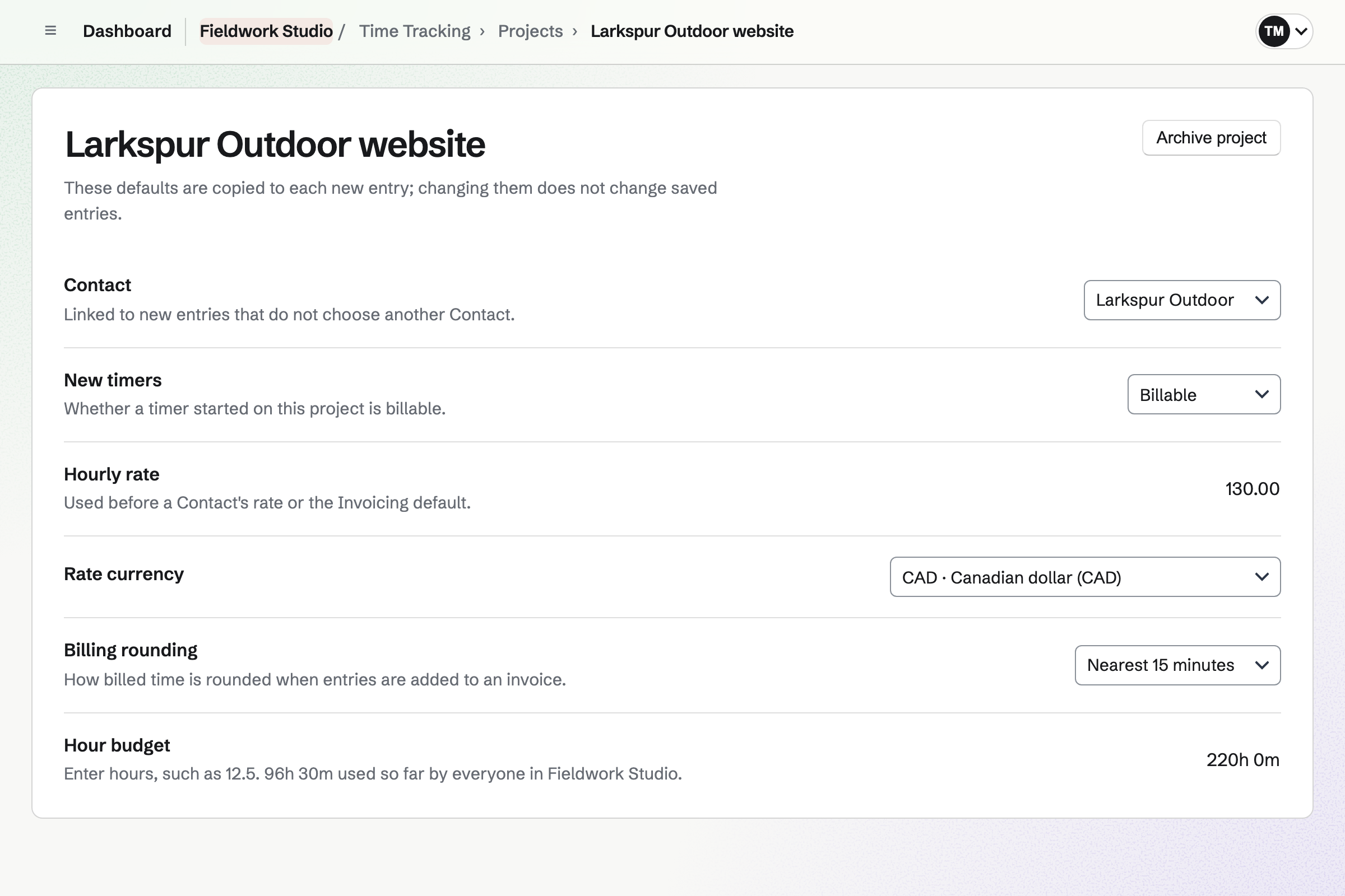 Fieldwork Studio’s Larkspur Outdoor website project in Time Tracking: linked to the client’s contact, billable at 130 an hour, rounded to the nearest 15 minutes, with a budget of 220 hours.