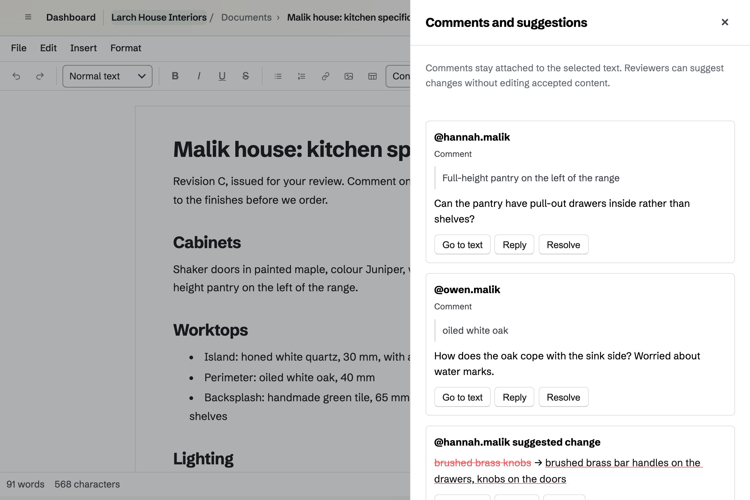 Larch House Interiors’ kitchen specification for the Malik house open for review, with the client’s comments and suggested changes beside the text.