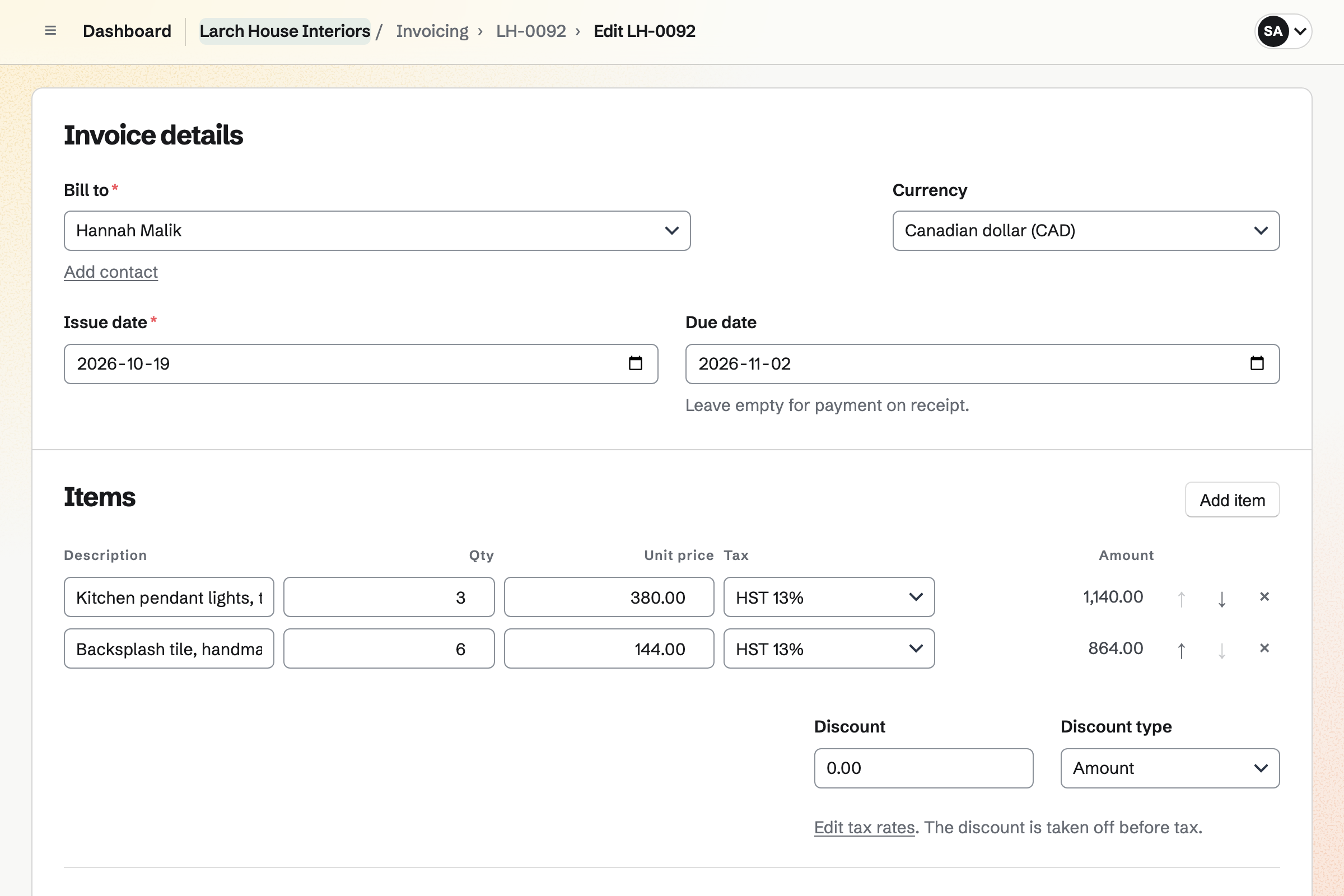 A Larch House Interiors invoice to Hannah Malik in the invoice editor: pendant lights and backsplash tile bought for the house, billed at cost with HST.