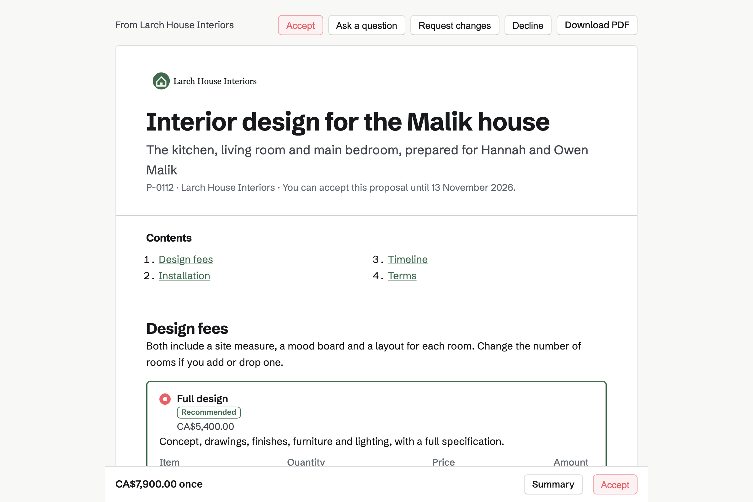 A design proposal from Larch House Interiors for the Malik house, with the cover, the list of contents, the full design chosen with three rooms, and the total in a bar at the foot of the screen.