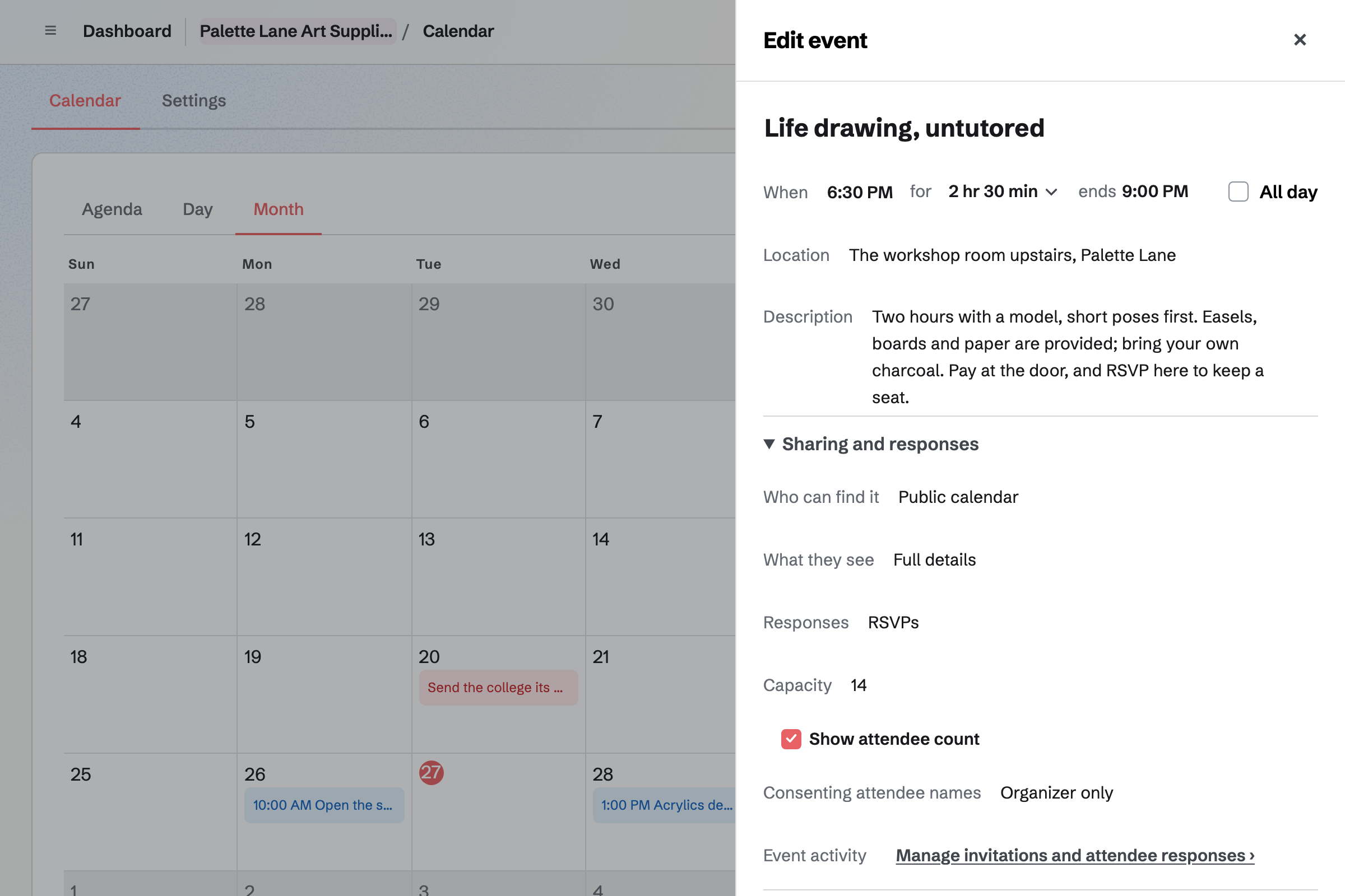 Palette Lane’s life drawing evening in the new event drawer: on the shop’s public calendar with RSVPs up to 14 seats and the attendee count shown, beside the month with the demo day, the delivery and the kids’ art club.