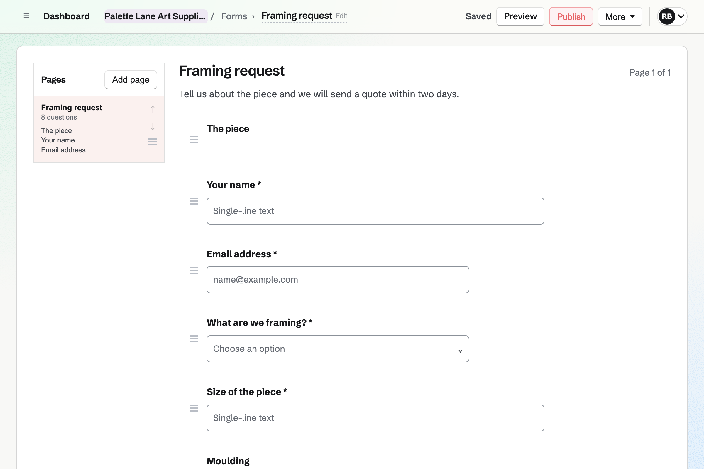 Palette Lane’s framing request form in the builder: the piece, its size, the moulding and the mount, a question for a photo of the work and the date it is needed by.