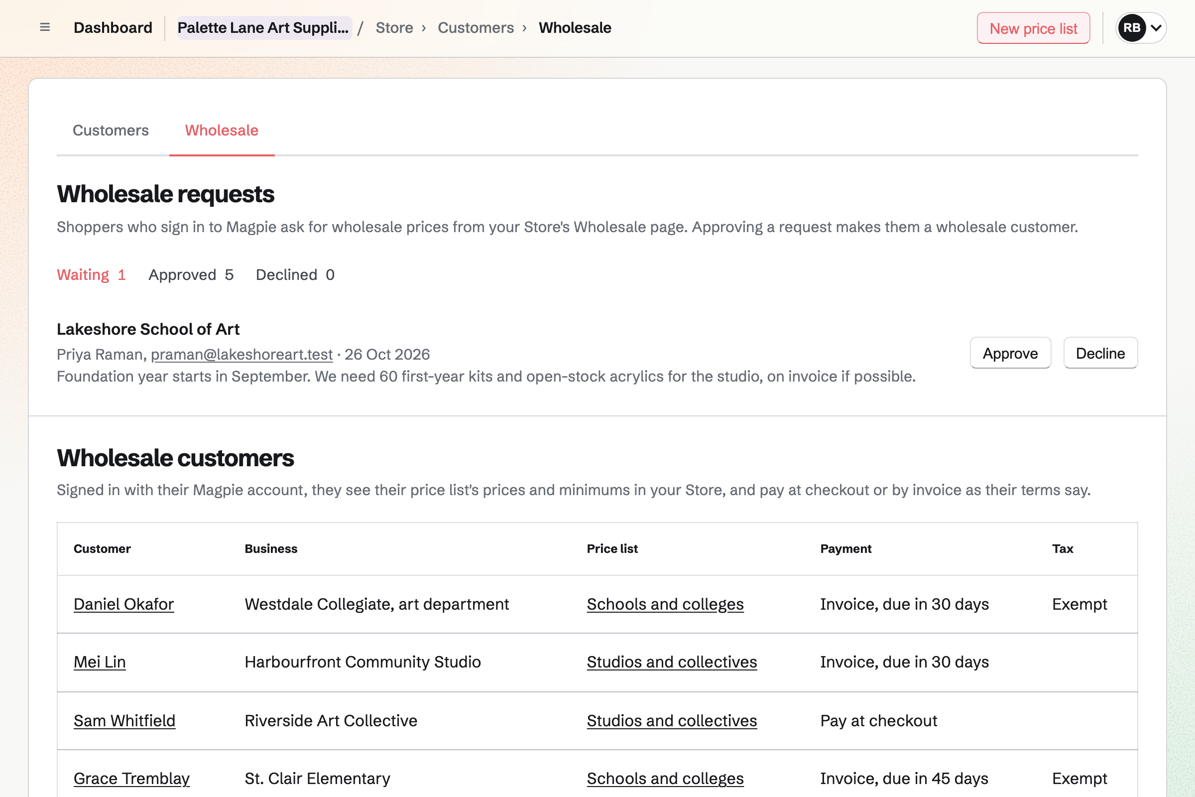 Palette Lane’s wholesale page: the art college asking for trade prices for its first-year kits, with Approve and Decline, and the schools and studios already approved with their price lists and invoice terms.