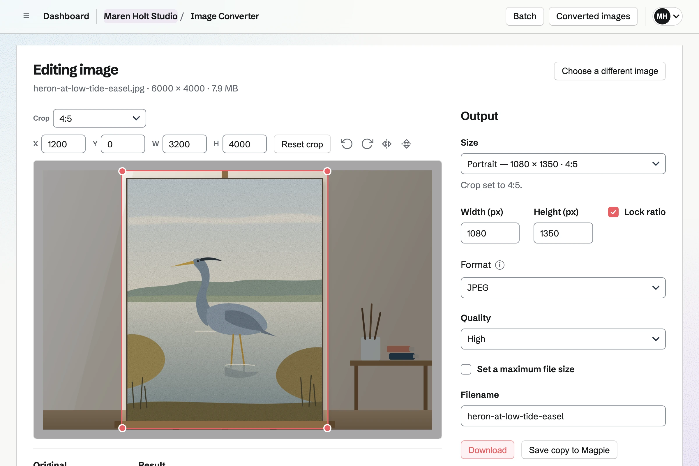 Image Converter with Maren Holt’s photo of her painting Heron at Low Tide on the studio easel, cropped to the Portrait size around the painting, leaving out the studio wall and the table beside it.
