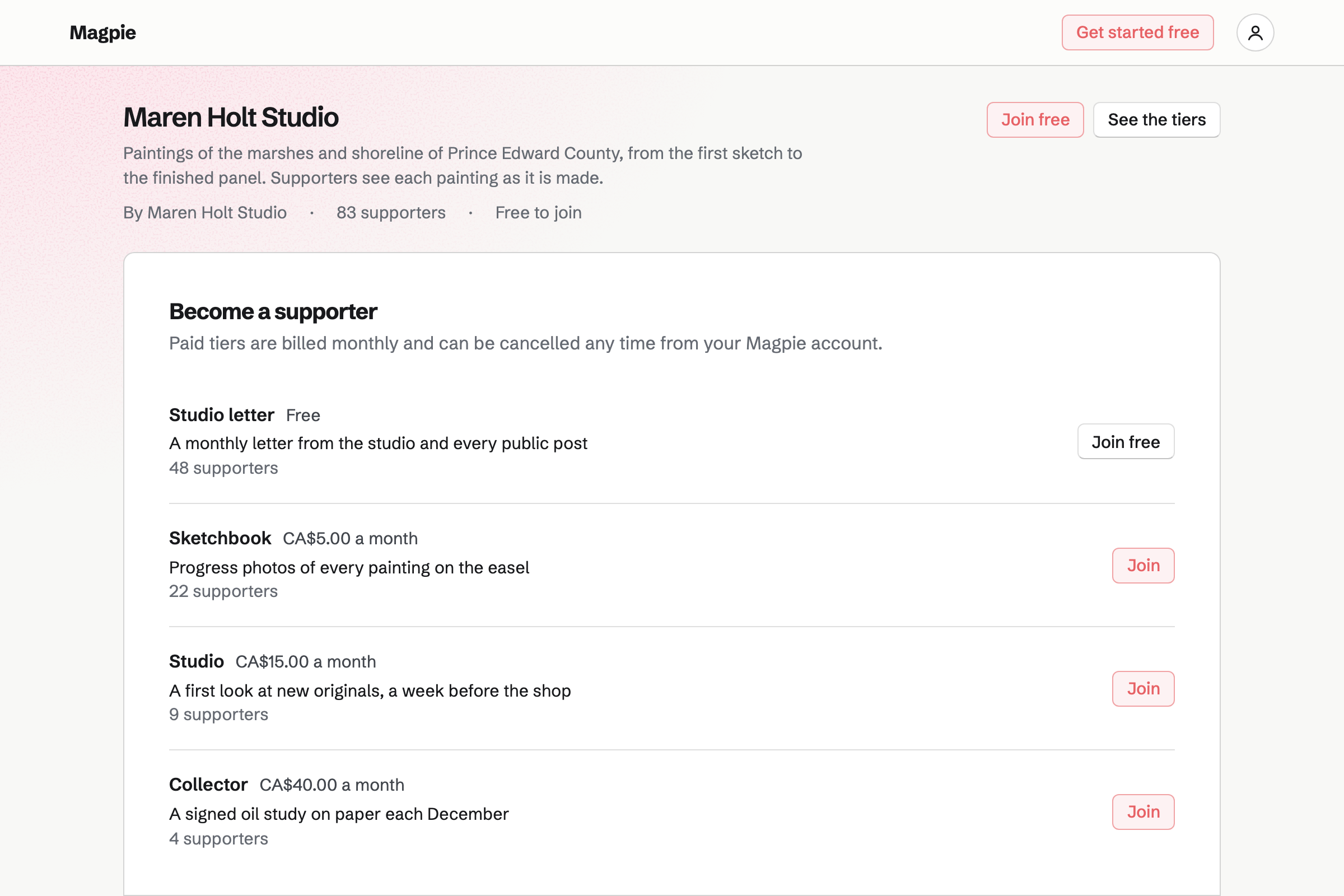 Maren Holt Studio’s public supporter page: its introduction, 83 supporters, and a free Studio letter tier and three monthly paid tiers in Canadian dollars, each with what it gives and how many people support it.