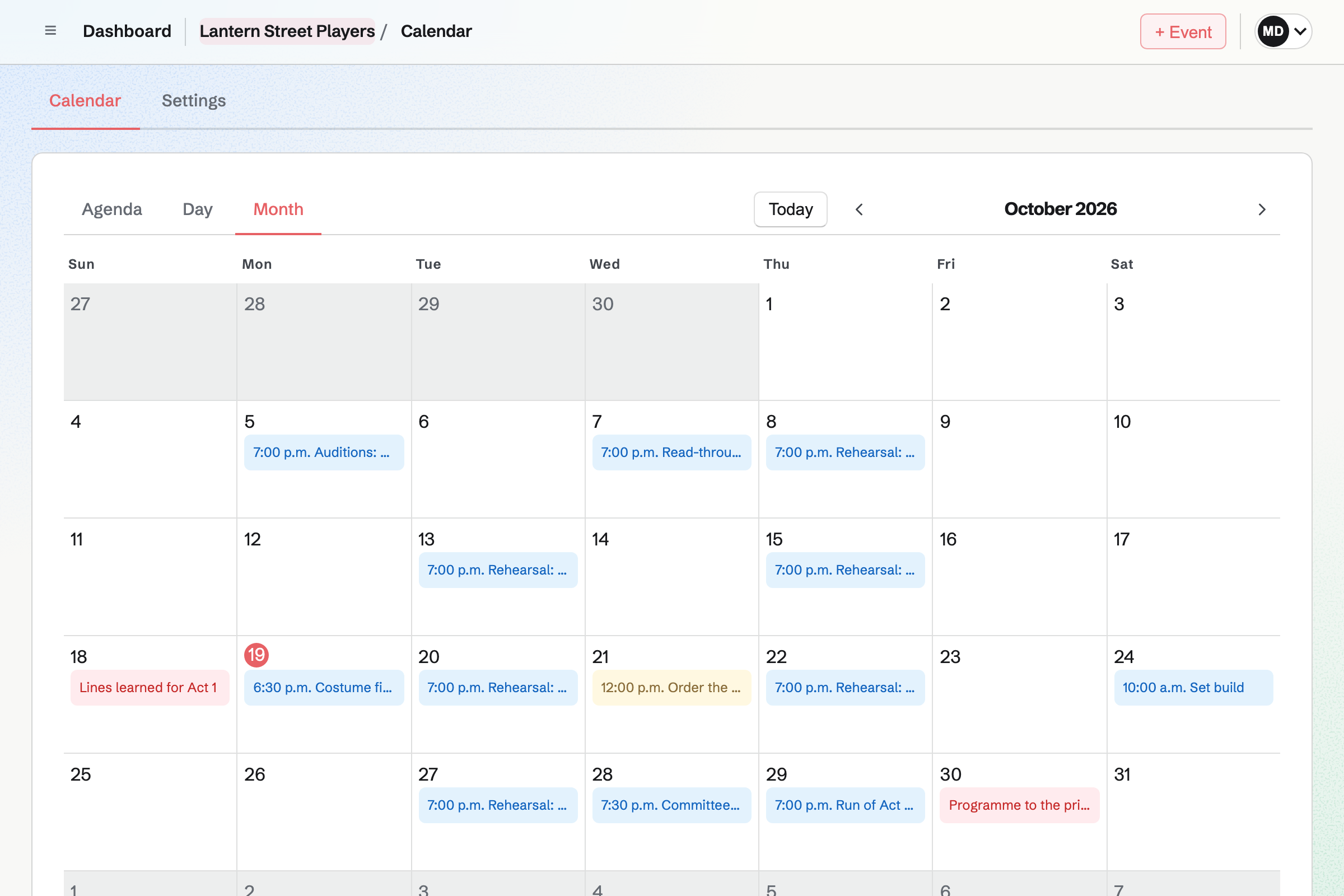Lantern Street Players’ Calendar for October: evening auditions, a read-through and rehearsals on Tuesdays and Thursdays, costume fittings today, the set build, a committee meeting, and deadlines for lines and the programme.