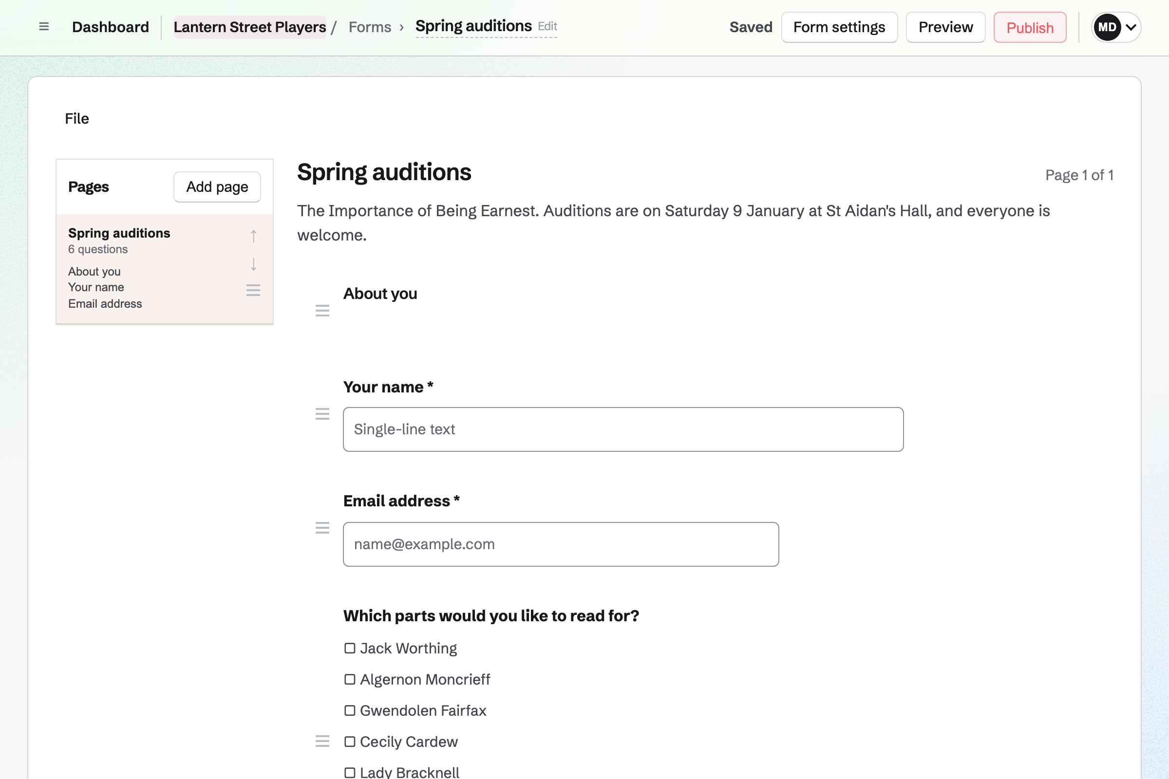 The Form builder with Lantern Street Players’ spring audition form: a heading, then questions for a name, an email and the parts each person would like to read for.