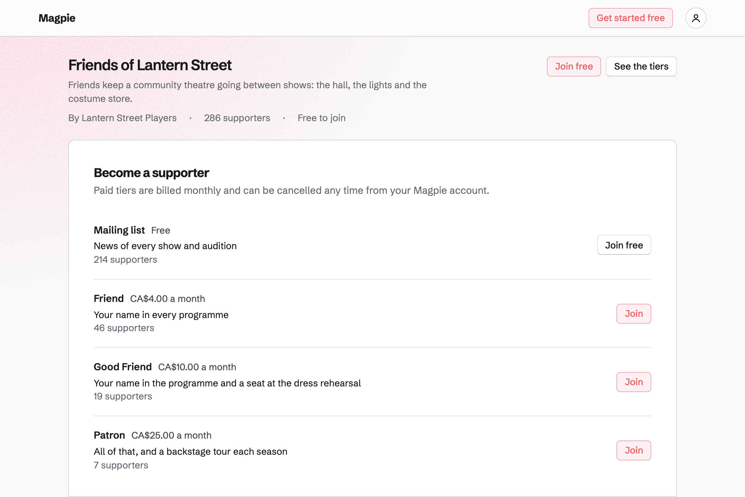The Friends of Lantern Street page: what the Friends pay for, then a free tier and three monthly tiers, each with its benefits and how many have joined.