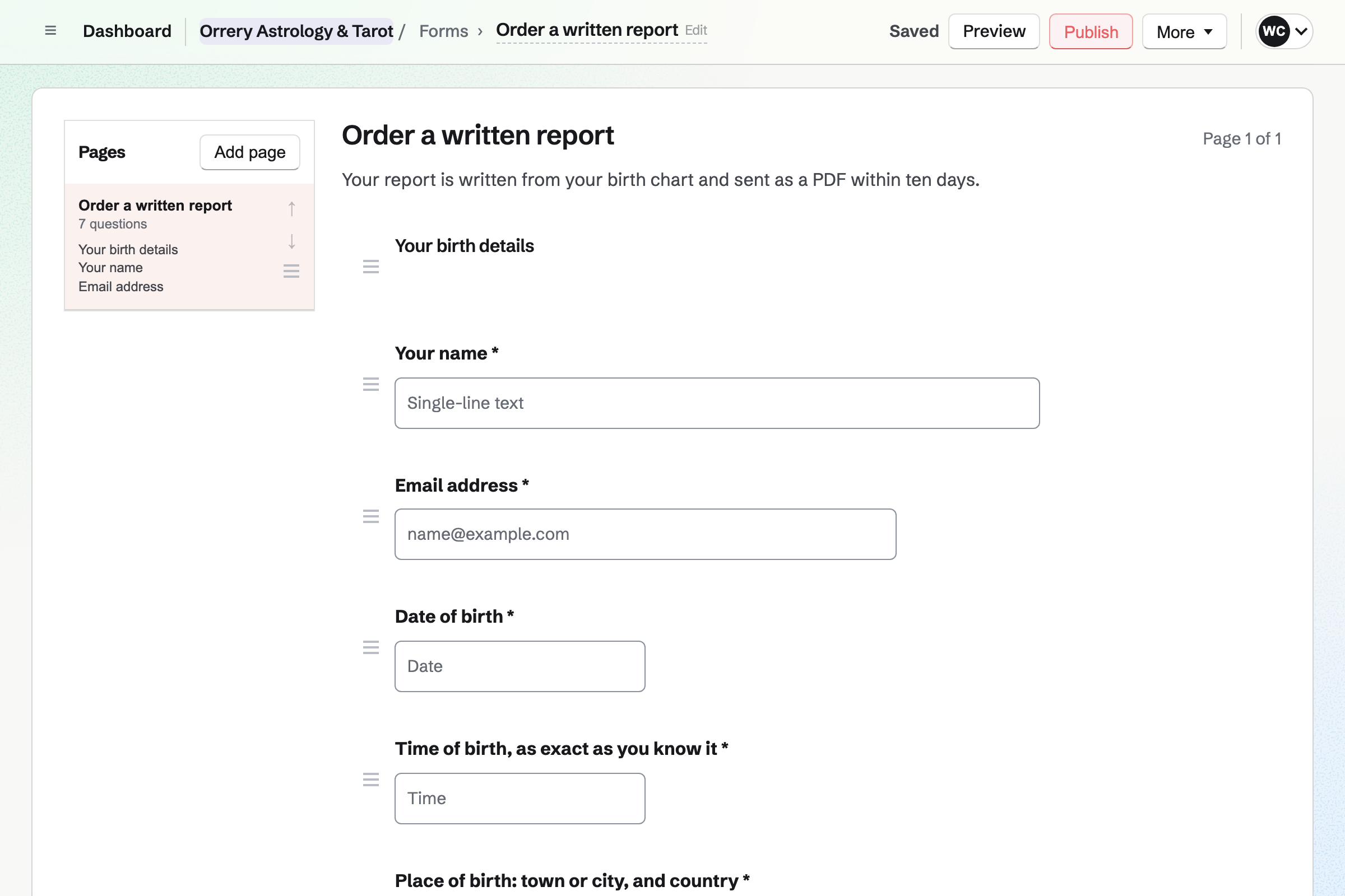 Orrery Astrology & Tarot’s order form for a written report in the builder: the client’s name and email, date, time and place of birth, the report they want, and what it should look at.
