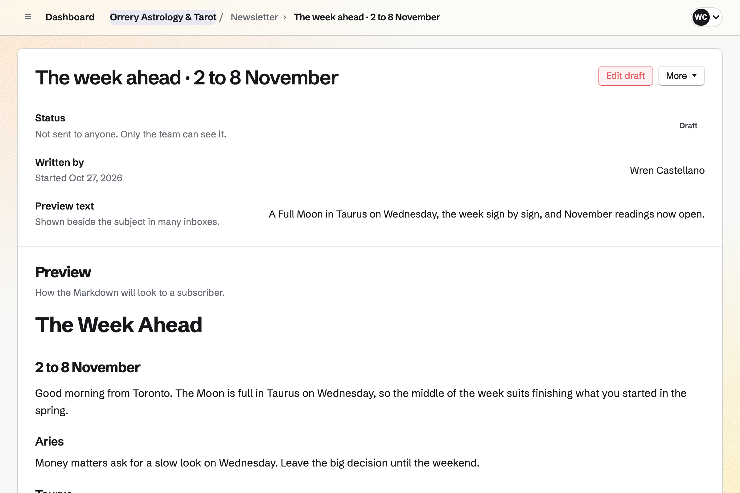 Orrery Astrology & Tarot’s weekly horoscope email for 2 to 8 November: the Full Moon in Taurus, a few lines for Aries, Taurus and Gemini, and November’s readings.