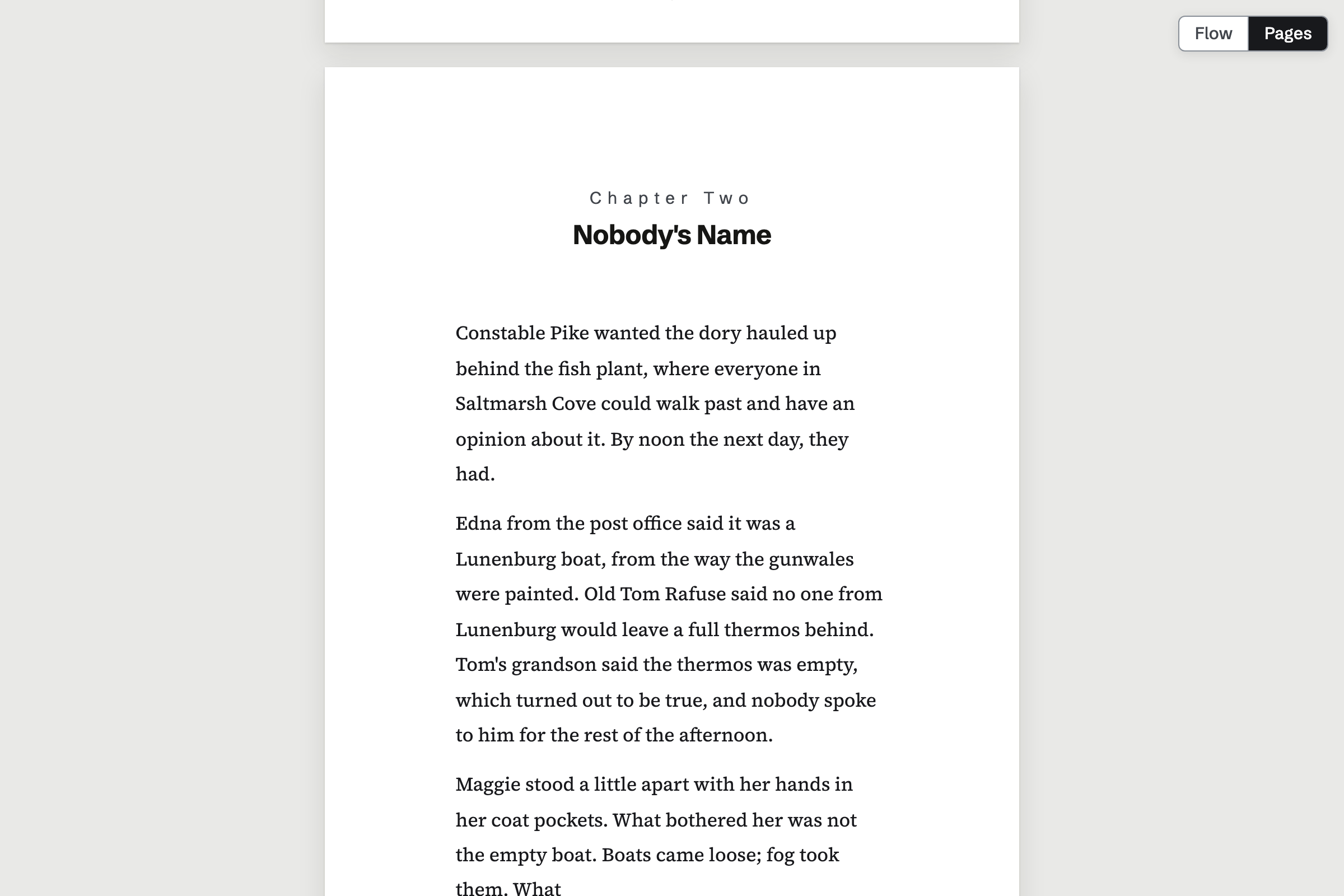 Ruth Calder’s free novella Fog at Gull Rock in the web reader’s Pages view, opening Chapter Two, Nobody’s Name, in serif type.