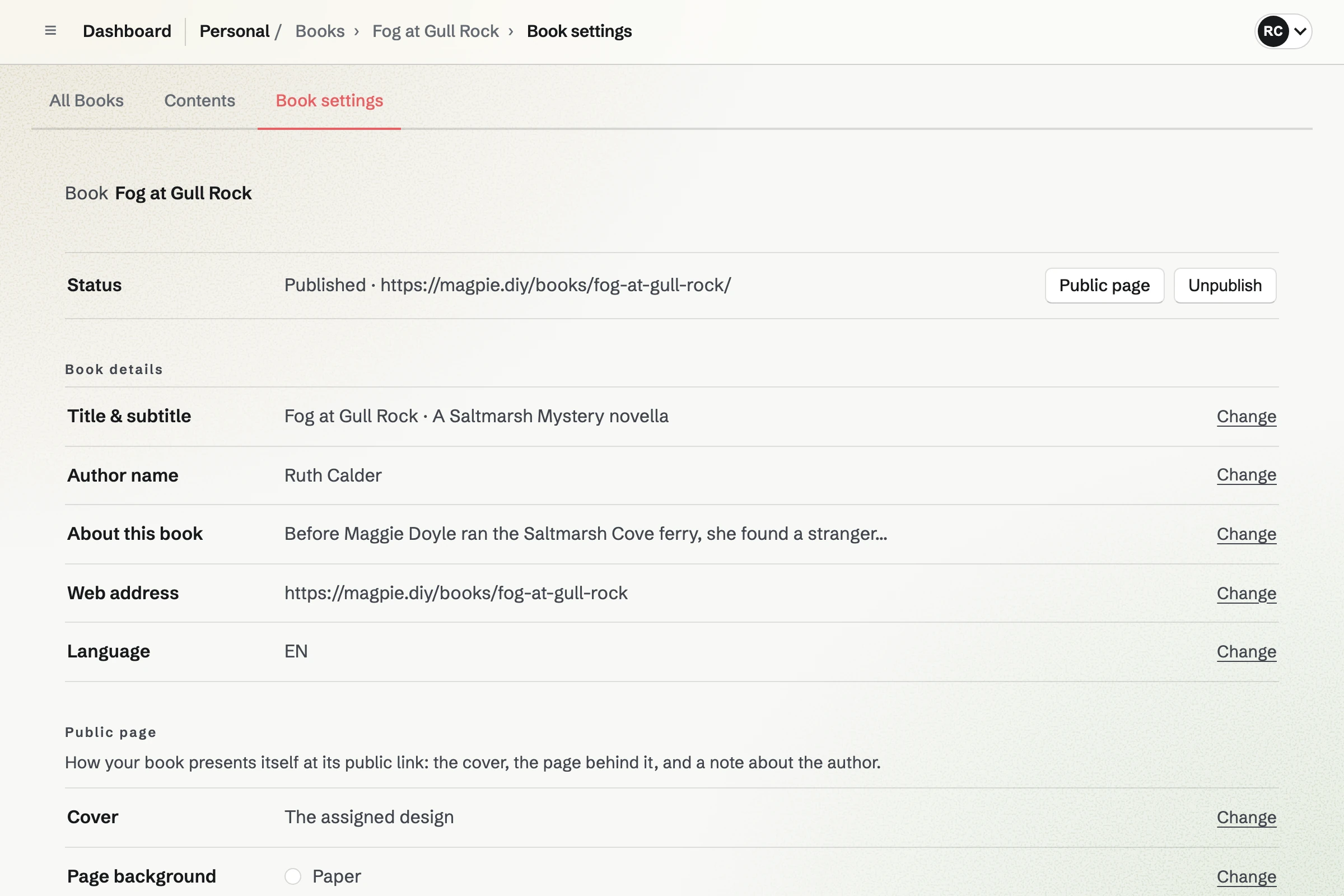 Book Settings for Ruth Calder’s novella Fog at Gull Rock: published at its address, with its title and subtitle, author name, description, web address and cover.
