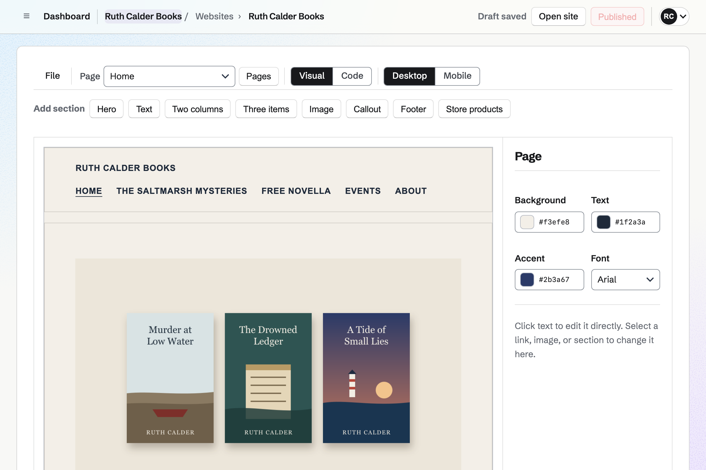Ruth Calder’s author website open in the Websites editor in Visual mode: the Home page with the three Saltmarsh Mysteries under the site’s header, the sections to add with Store products among them, and the Page inspector with the site’s colours.