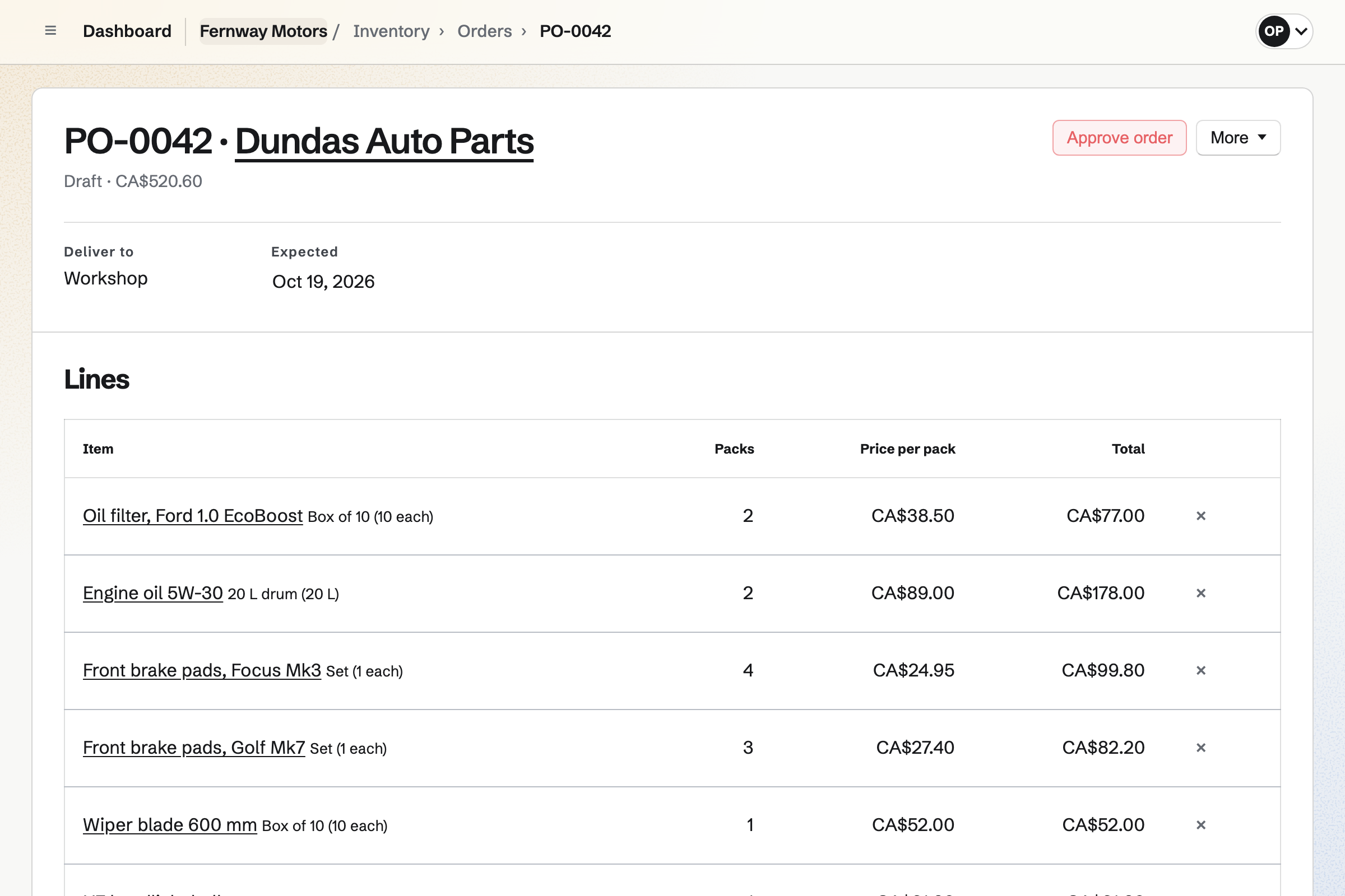 A purchase order from Fernway Motors to its parts supplier for oil filters, brake pads, engine oil, wiper blades and bulbs, each in the supplier’s packs and prices.