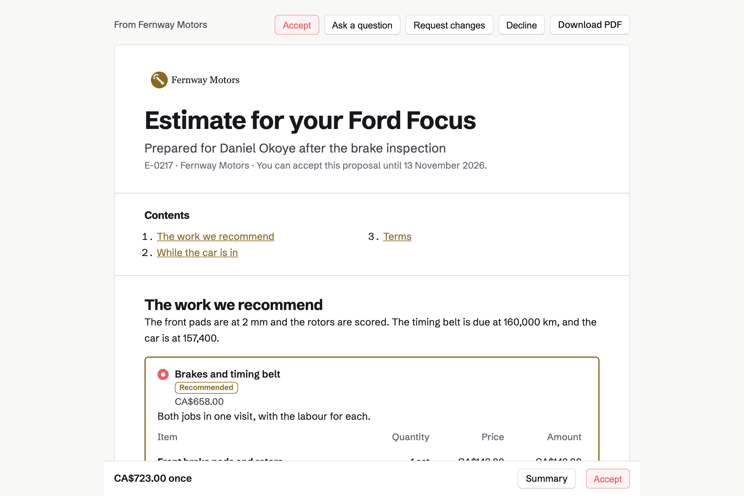 An estimate from Fernway Motors as the customer sees it: brakes and a timing belt change on a 2017 Ford Focus, or the brakes alone, with an A/C recharge and a rear wiper blade for the customer to add.