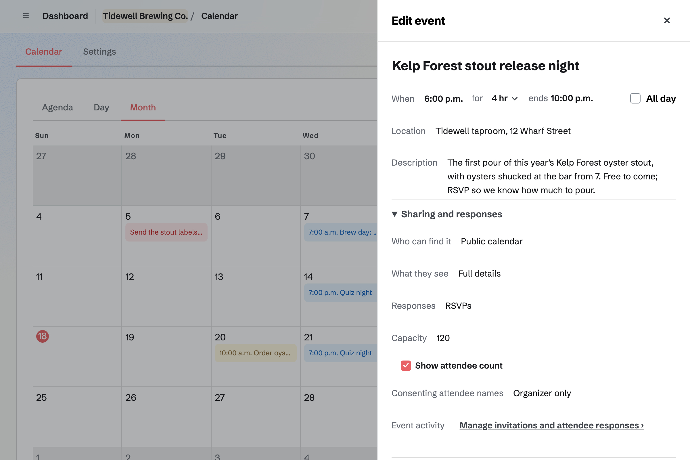 Tidewell Brewing Co.’s Calendar for October with brew days and quiz nights, and the Kelp Forest stout release night open in the drawer: 6 to 10 p.m. at the taproom, on the public calendar with full details, taking RSVPs up to 120 people and showing the attendee count.