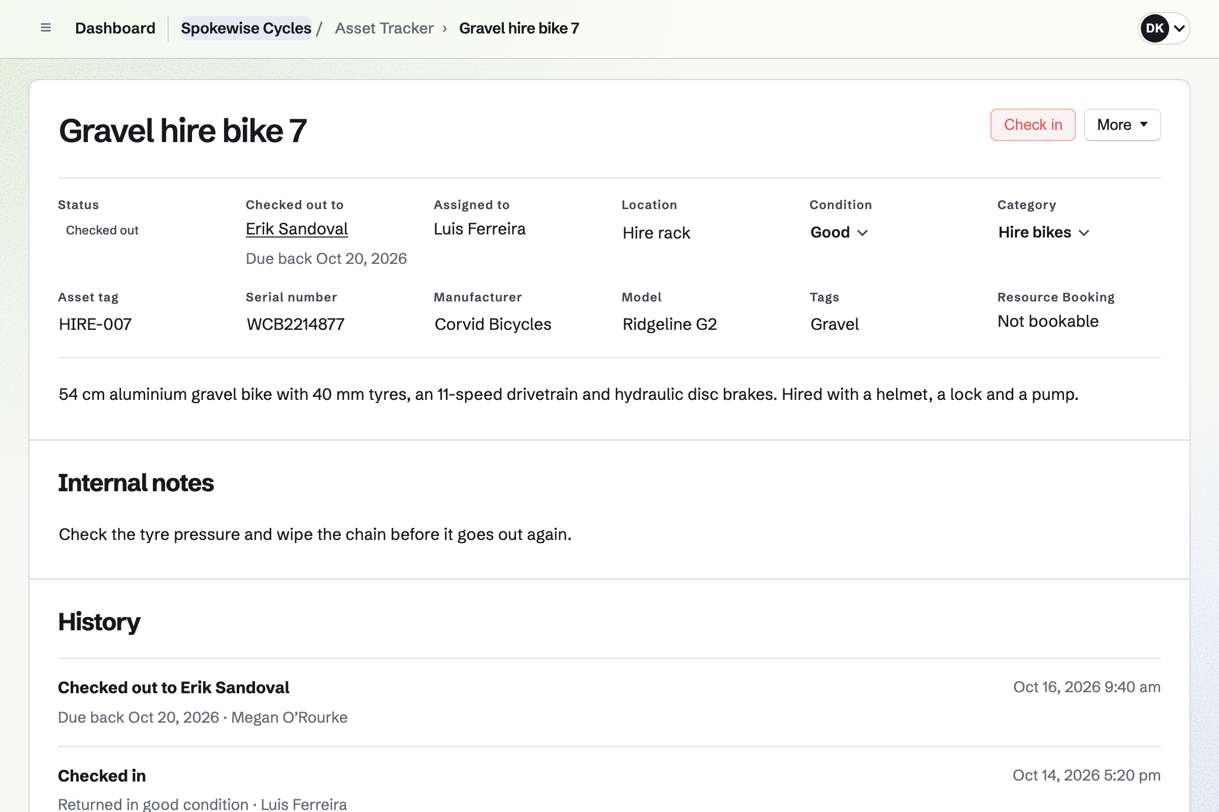 One of Spokewise Cycles’ hire bikes in Asset Tracker: a gravel bike with its tag, serial number and condition, checked out to the customer Erik Sandoval with a due-back date, and its history of earlier hires and check-ins.