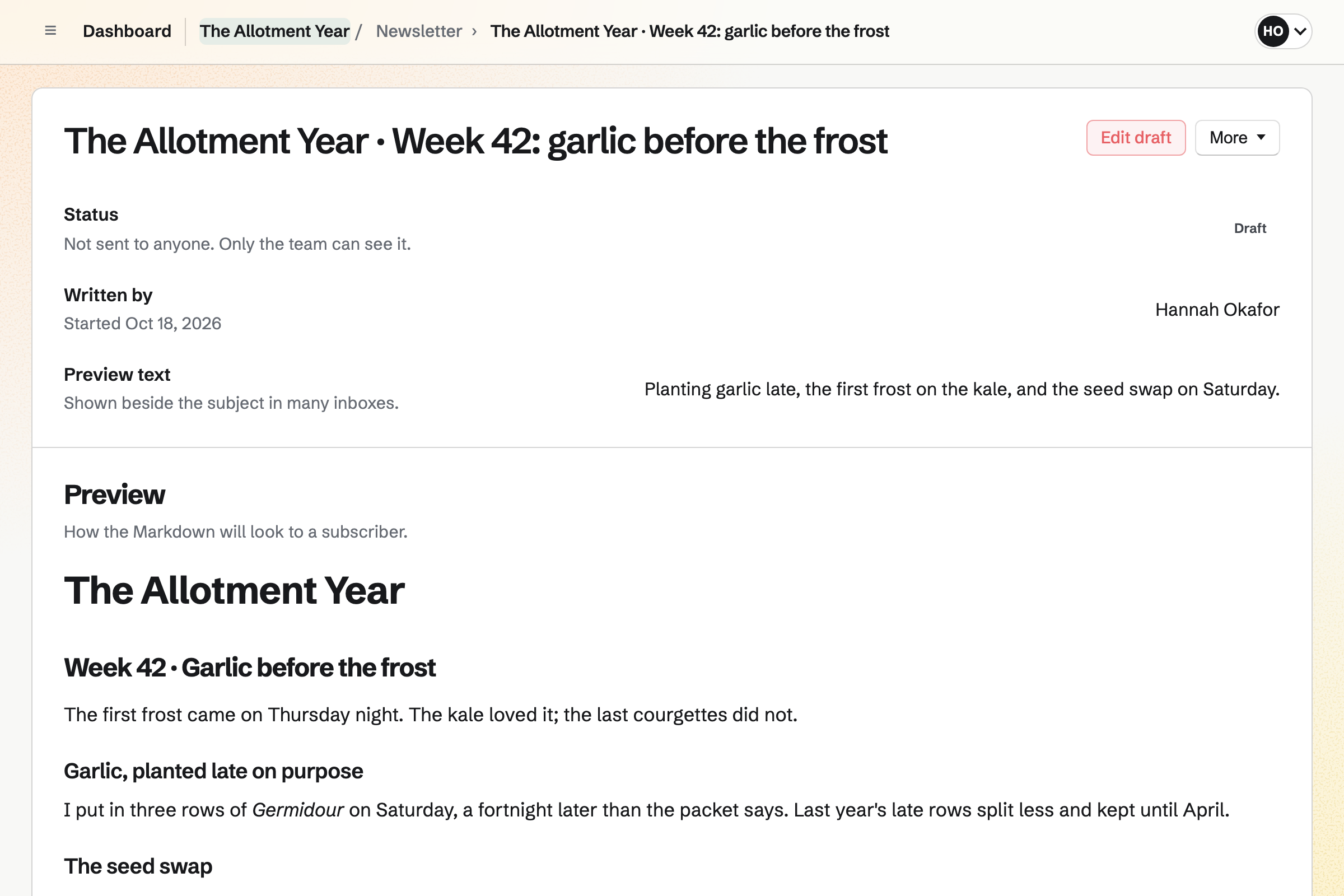 The Allotment Year’s Sunday letter in the newsletter preview: its subject, preview text and the week’s post about planting garlic before the first frost.